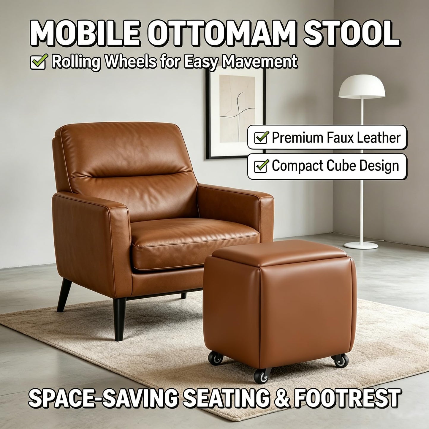 LUGSHIREE 5 in 1 Nesting Ottoman Cube Chair, Stackable Stools, Leather Square Ottoman Bench, Foot Stool with Wheels for Living Room,Dining Room 15.75x15.75x16.54 inches