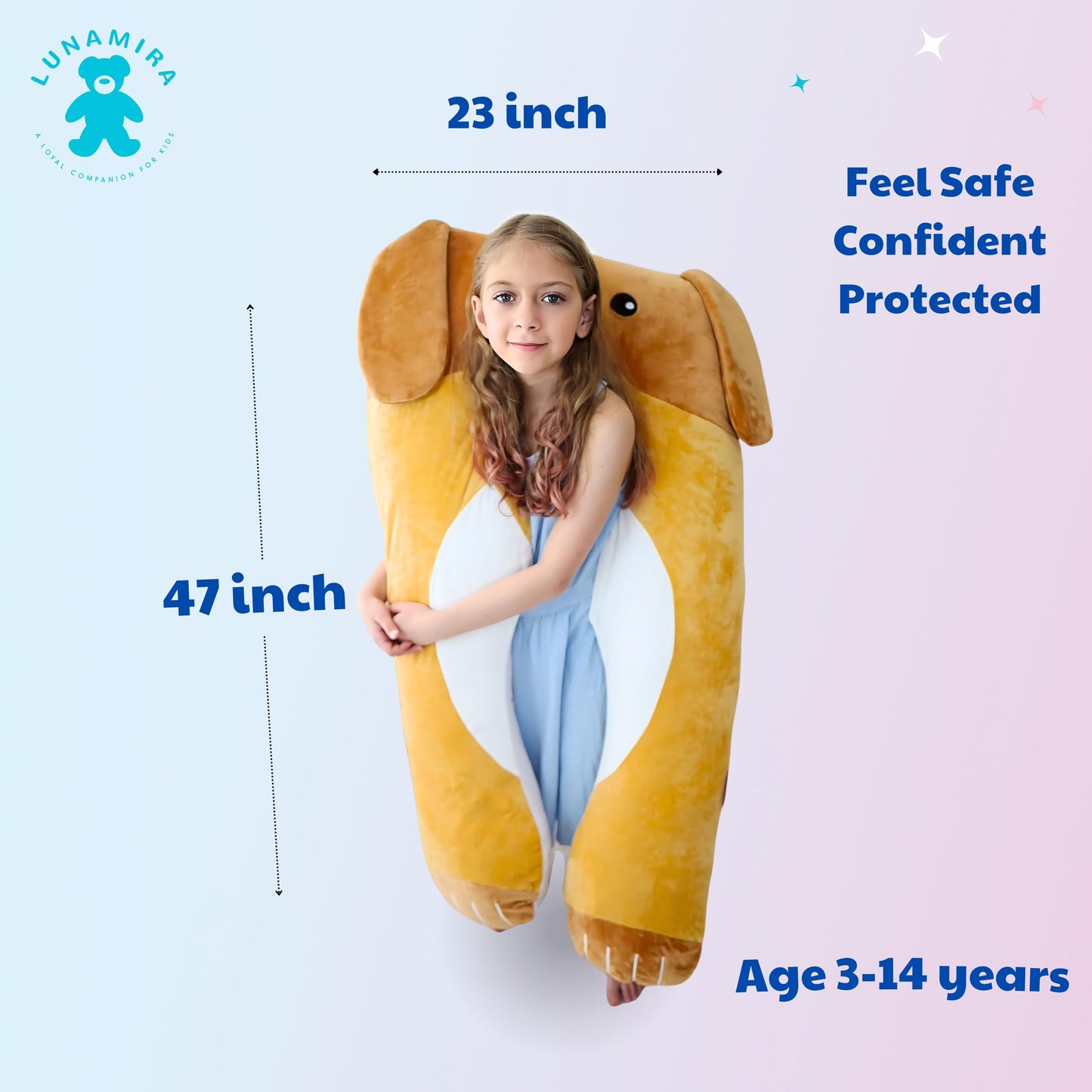 LUNAMIRA Dog Kids Body Pillow - 47" U-Shape Long Plush Soft Animal Pillow for Sleeping, Reading, ADHD & Special Needs Comfort, Anxiety, Washable Cover, Snuggle Fun Cuddle Pillow for Boys & Girls