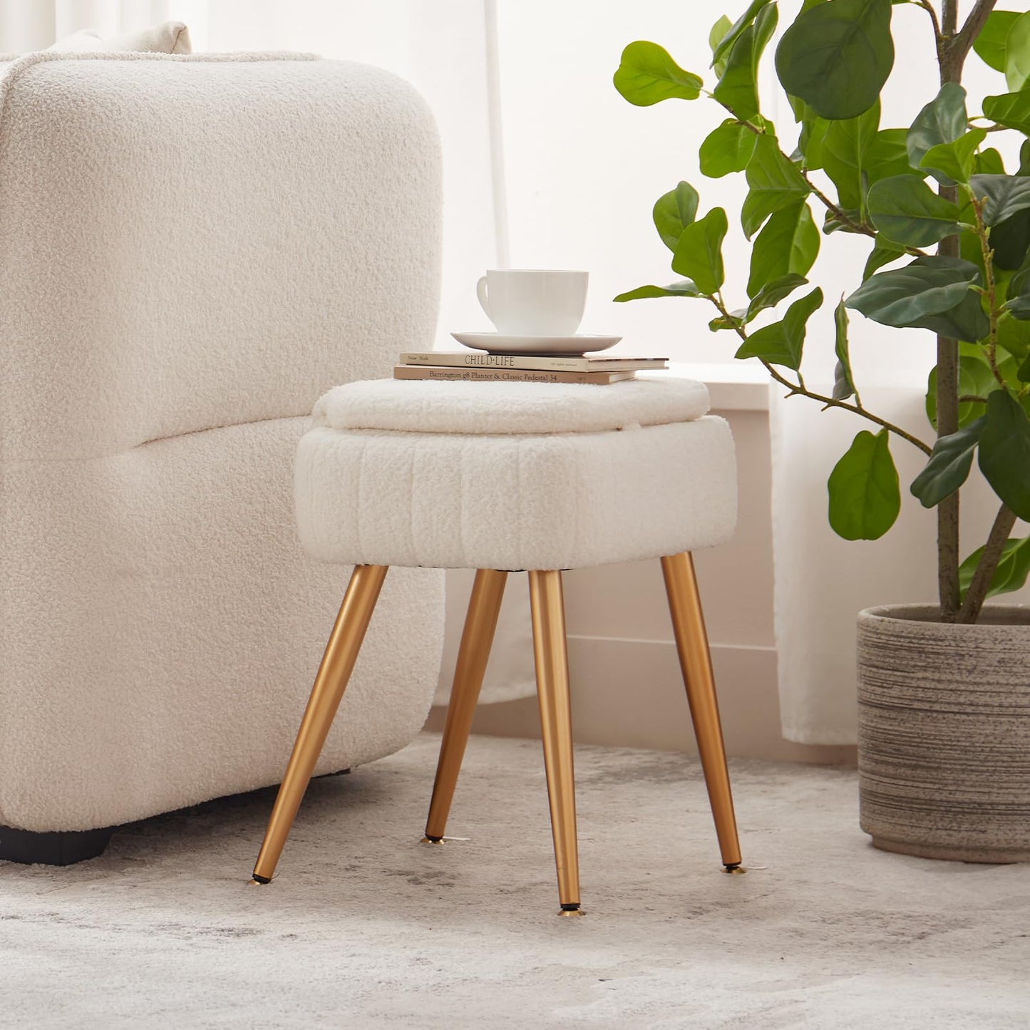 ZYKZYK Updated Vanity Chair, Storage Ottoman with Folding Back & Gold-Toned Metal Legs, Ottoman Seat with Teddy Velvet for Dressing Room Living Room Bedroom, 15" x 12" Inch