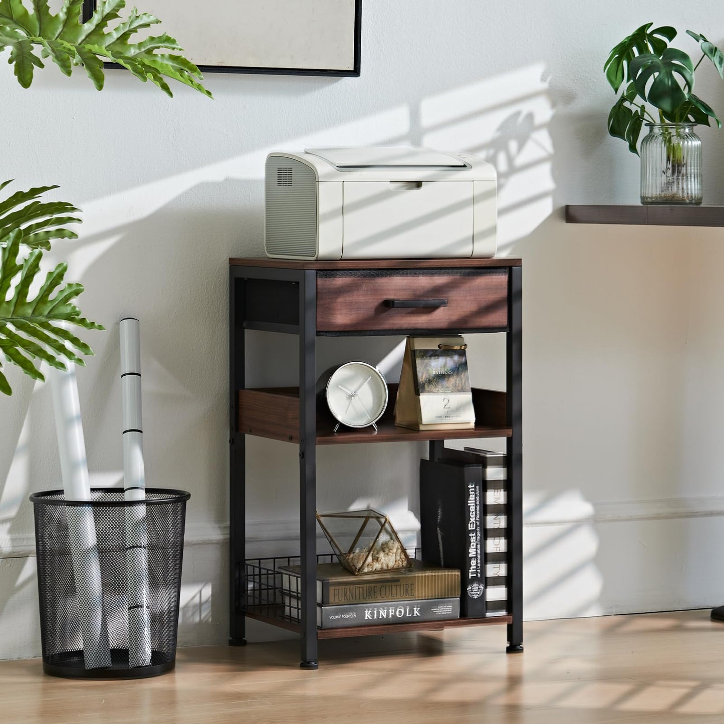 Lerliuo Walnut Printer Stand with Fabric Drawer, 3 Tier Industrial Side Table, Modern Small Printer Desk Holder with Storage Shelf,Multi-Functional Bedside Tables for Home Office Fax Machine Scanner