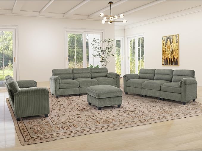 HAOMARKETS Corduroy Sofa Set, Upholstered Ottoman, Modern Loveseat and 3-Seater