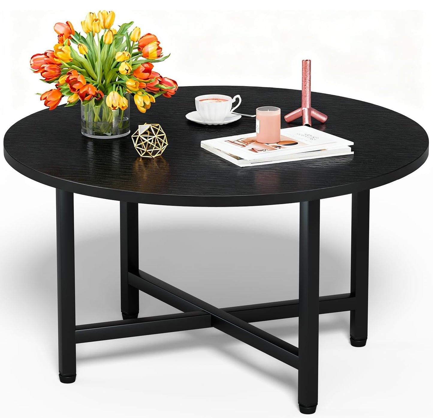 FAMIDGE Round Coffee Table, Small Coffee Tables for Living Room, Black Coffee Table with Metal Frame, Floor Table Desk for Sitting on The Floor, Home, Office, Farmhouse, Black (23.6" D x 17.7" H)
