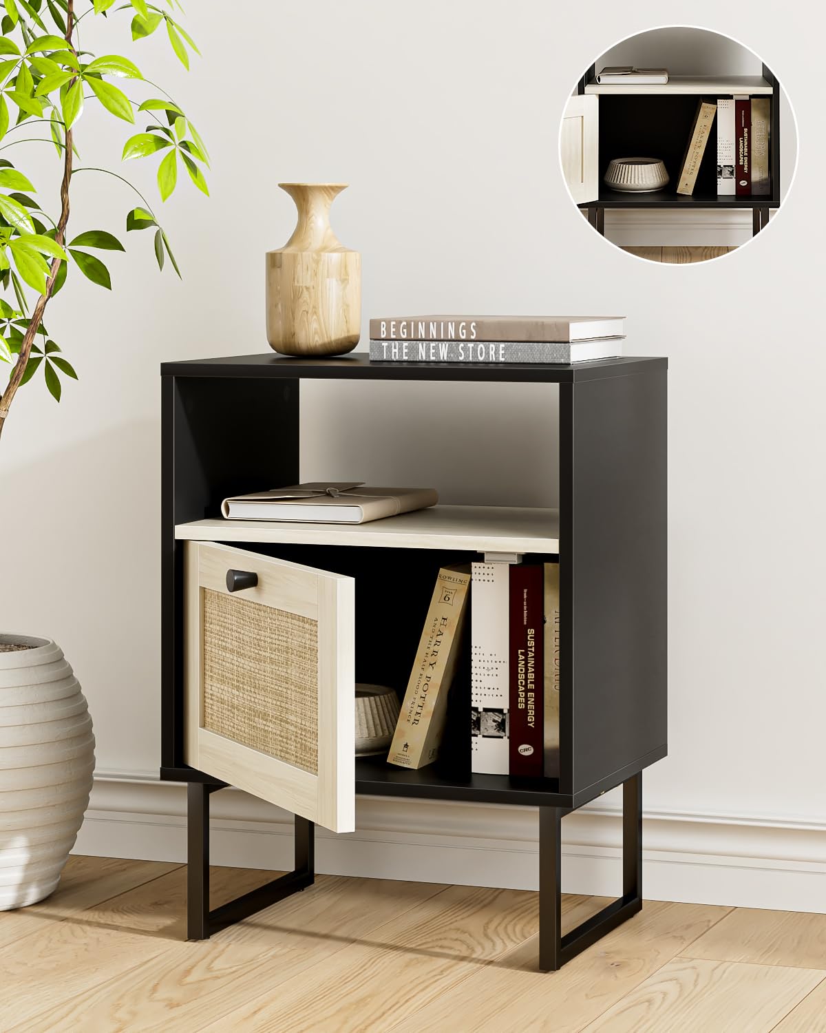 Apetaccat Rattan Nightstand, Boho Night Stand Farmhouse Wood Bedside Table with Storage and Open Shelf, End Side Accent Table for Bedroom,Living Room,Black and Oak