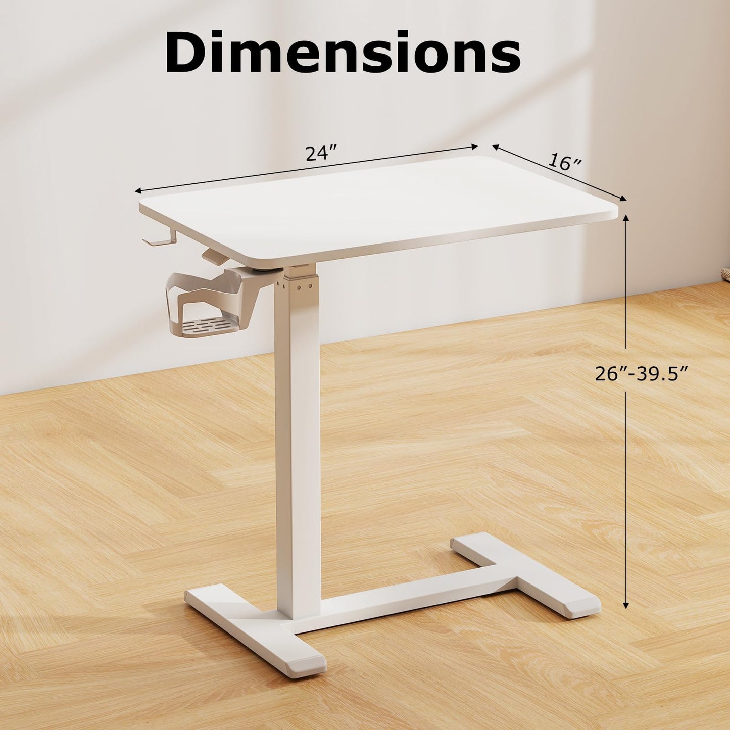 Tangkula Mobile Standing Desk, Pneumatic Height Adjustable Rolling Desk with Cup Holder & Headphone Hook, Overbed Table with Hidden Wheels, Laptop Computer Cart for Couch, Home, Office (White)