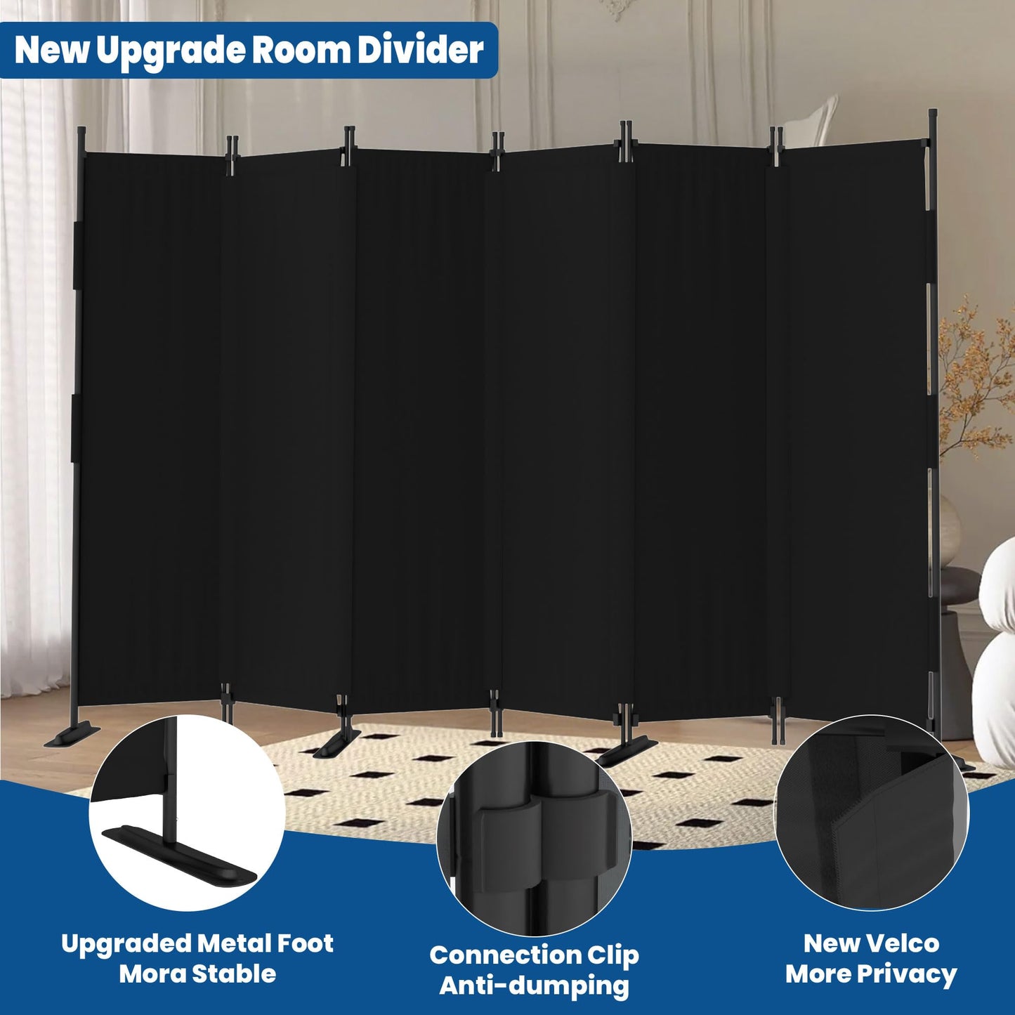 Phonjoroo Room Divider, 6 Panel Upgraded Folding Privacy Screen, 132” Highly Secretive Separation with 4 Metal Feet, Partition Screen, Lightweight Freestanding Wall Divider Bedroom (Black)