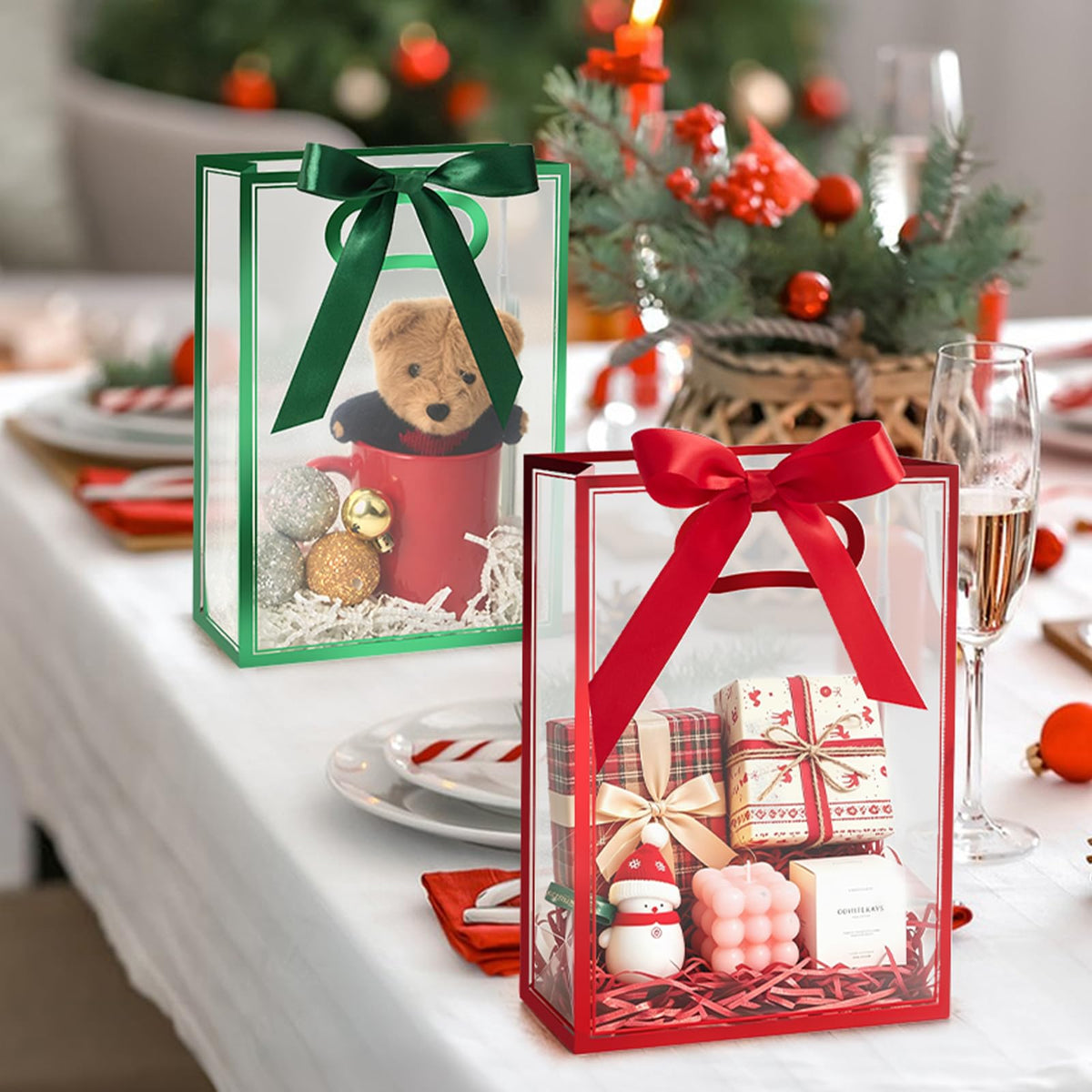 Ohuimrt Christmas Clear Plastic Gift Bags, 12 Pack, 10", Red Green Gold