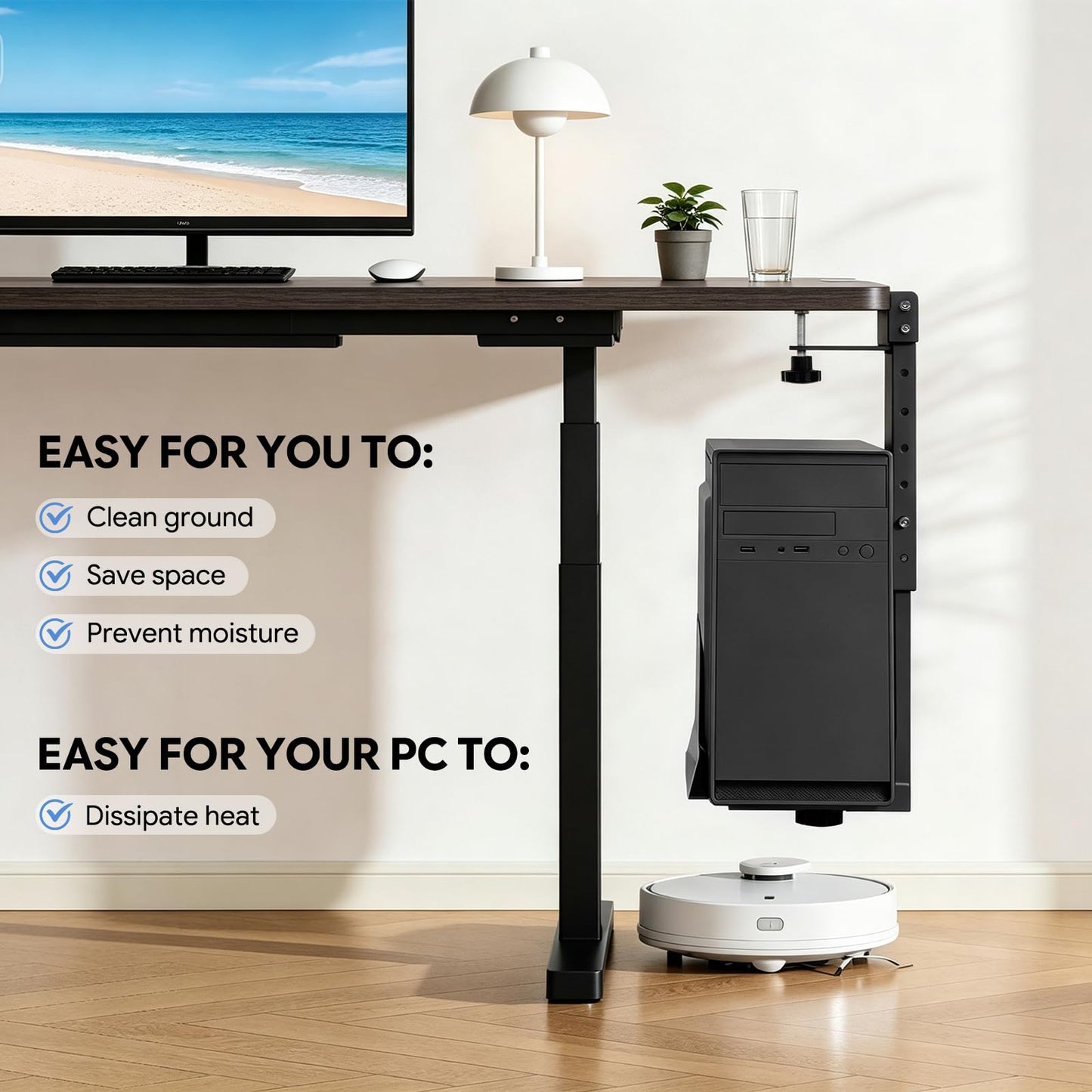 TooCust Adjustable Under Desk PC Mount, Heavy Duty No Drilling Clamp Mount on Desk (5.5 to 9.8 Inch Wide) - Thickened & Ultra Strong Fits Large PC Tower, Standing Desk PC Mount, Black