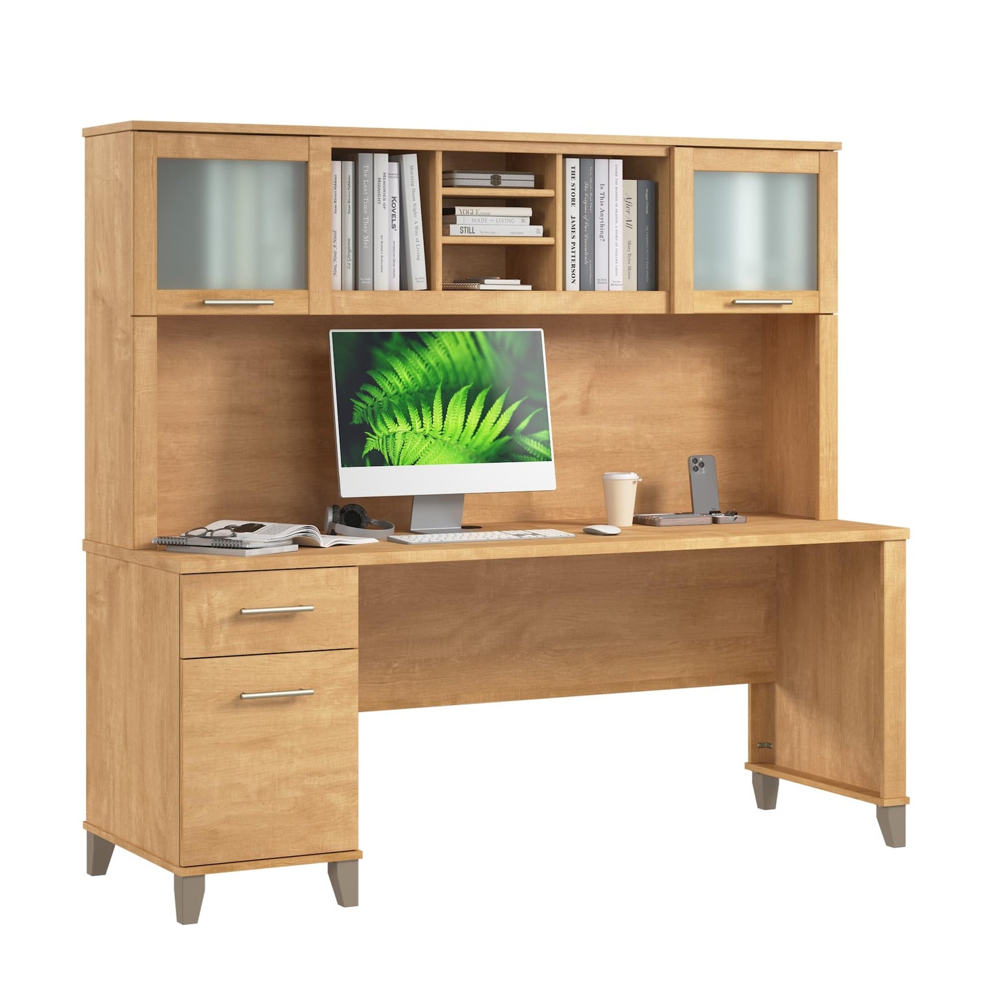 Bush Furniture Somerset 72W Office Desk with Drawers and Hutch in Maple Cross