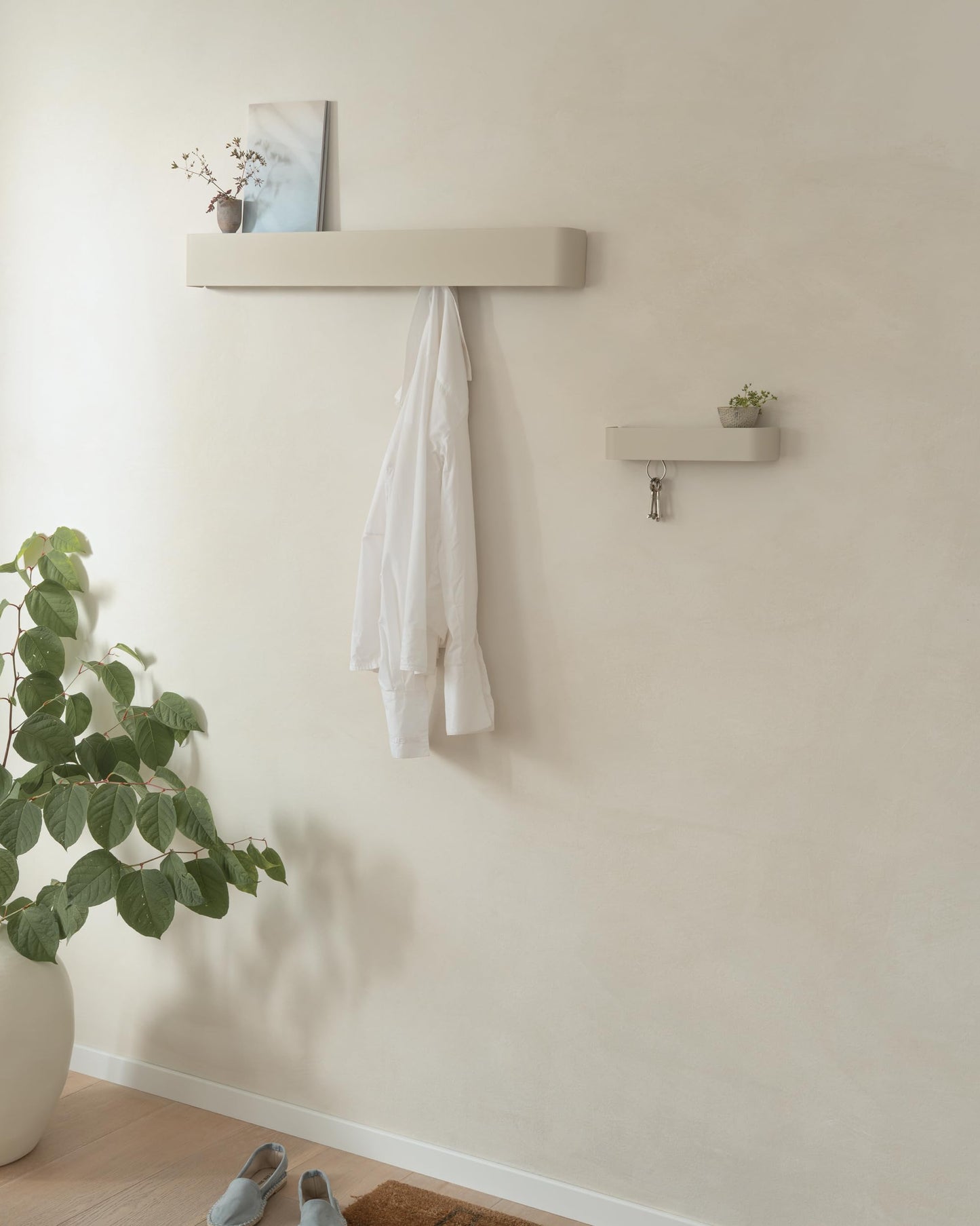 Kazai. Coat Rack Wall Mount with Shelf 'Tone' | Modern Design Coat Hanger with Hidden Hooks and Storage | Hat Rack with Shelf in Metal | Wall-Mounted Purse Organizer | Sand Taupe