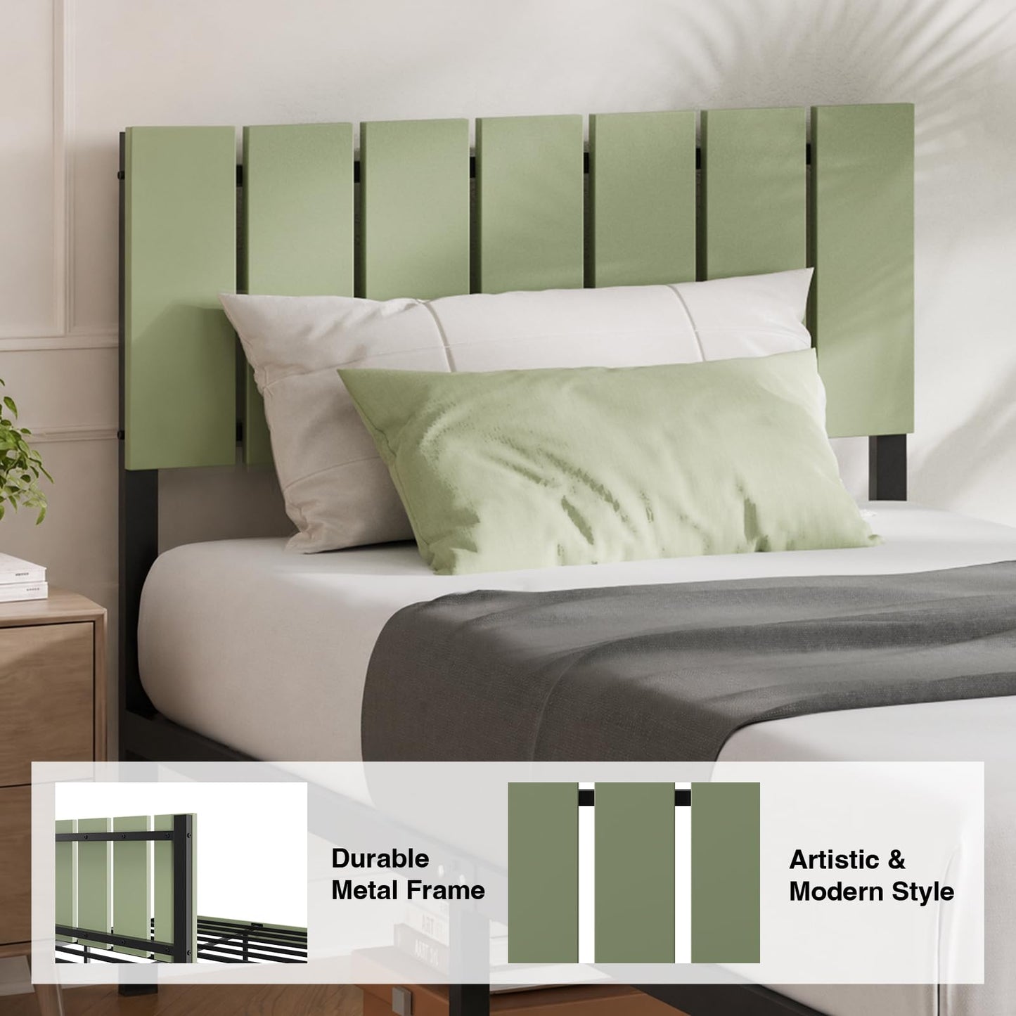 Novilla Twin Bed Frames with Wooden Slatted Headboard, Heavy Duty Scandinavian Metal Platform Frame, 800 LBS Capacity, No Box Spring Needed, Noise-Free & Under-Bed Storage, Easy Assembly