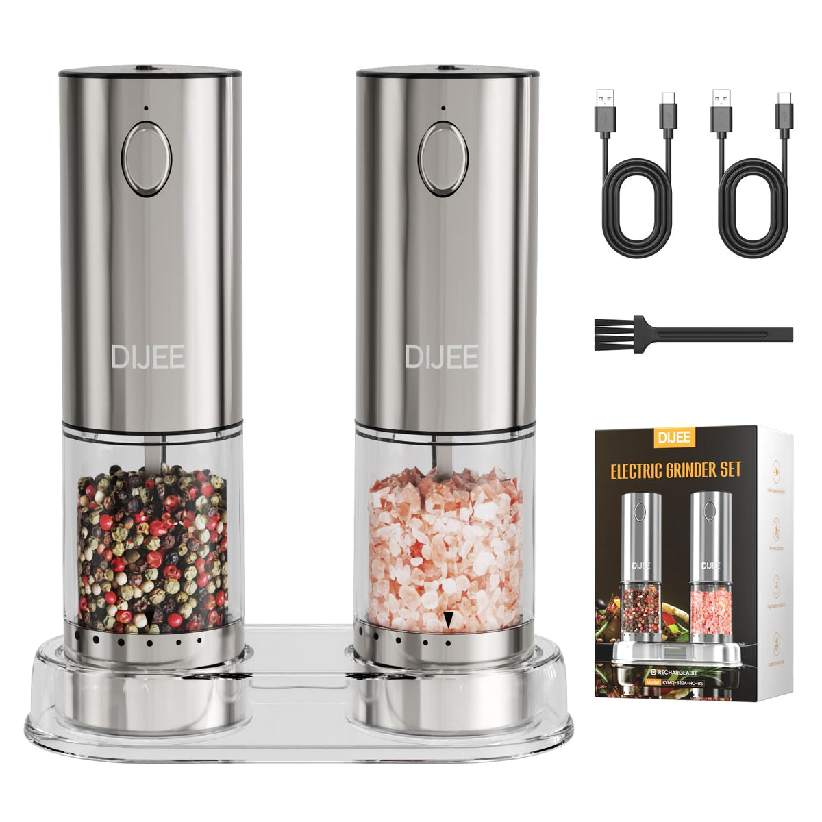 Electric Salt and Pepper Grinder Set,USB Rechargeable Pepper Mill with 6 Coarseness Settings, Automatic One-Touch Operation, Large Capacity Stainless Steel Spice Mills for Kitchen (2 Pack, Silver)