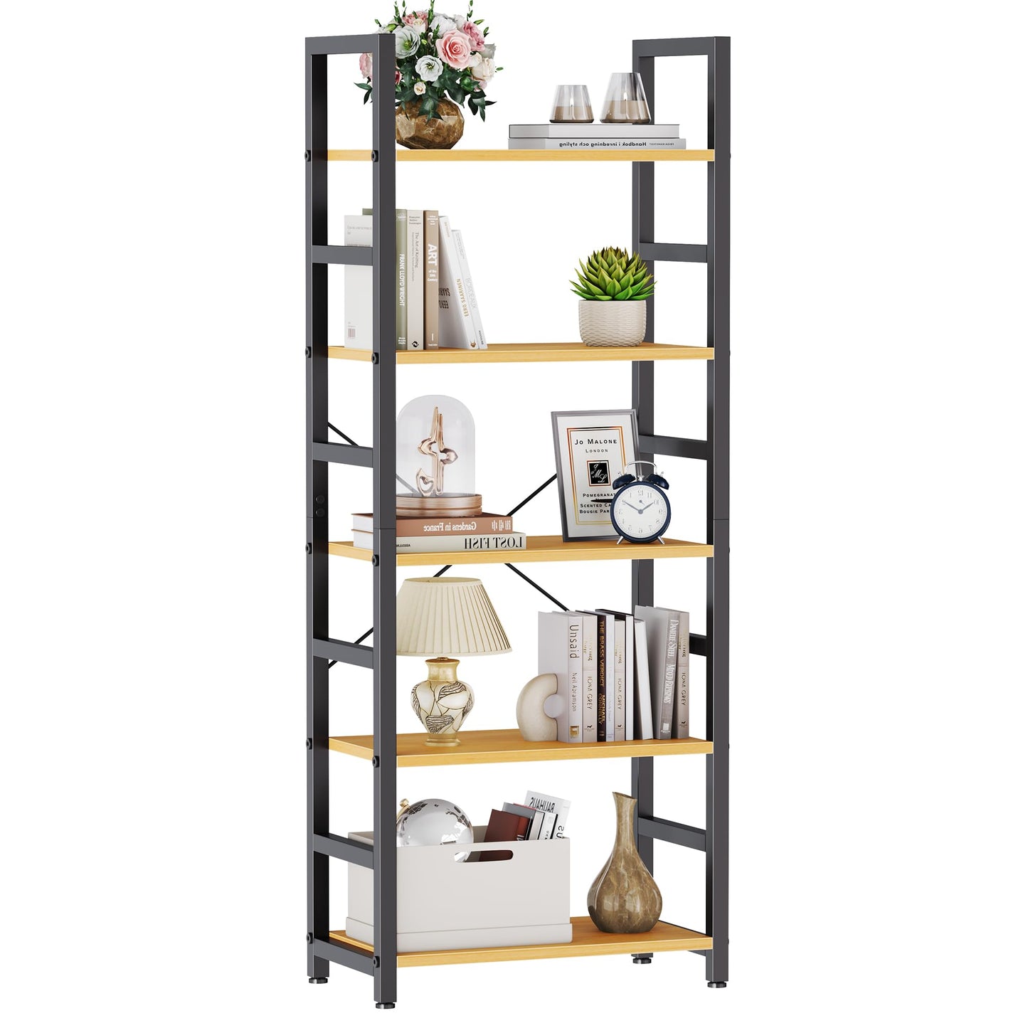 DUMOS 5-Tier Bookshelf, Modern Tall Bookcase, Open Storage Display Shelf for Living Room, Bedroom, Home Office, Narrow Standing Shelving Unit for Books, CDs, Décor，Wood