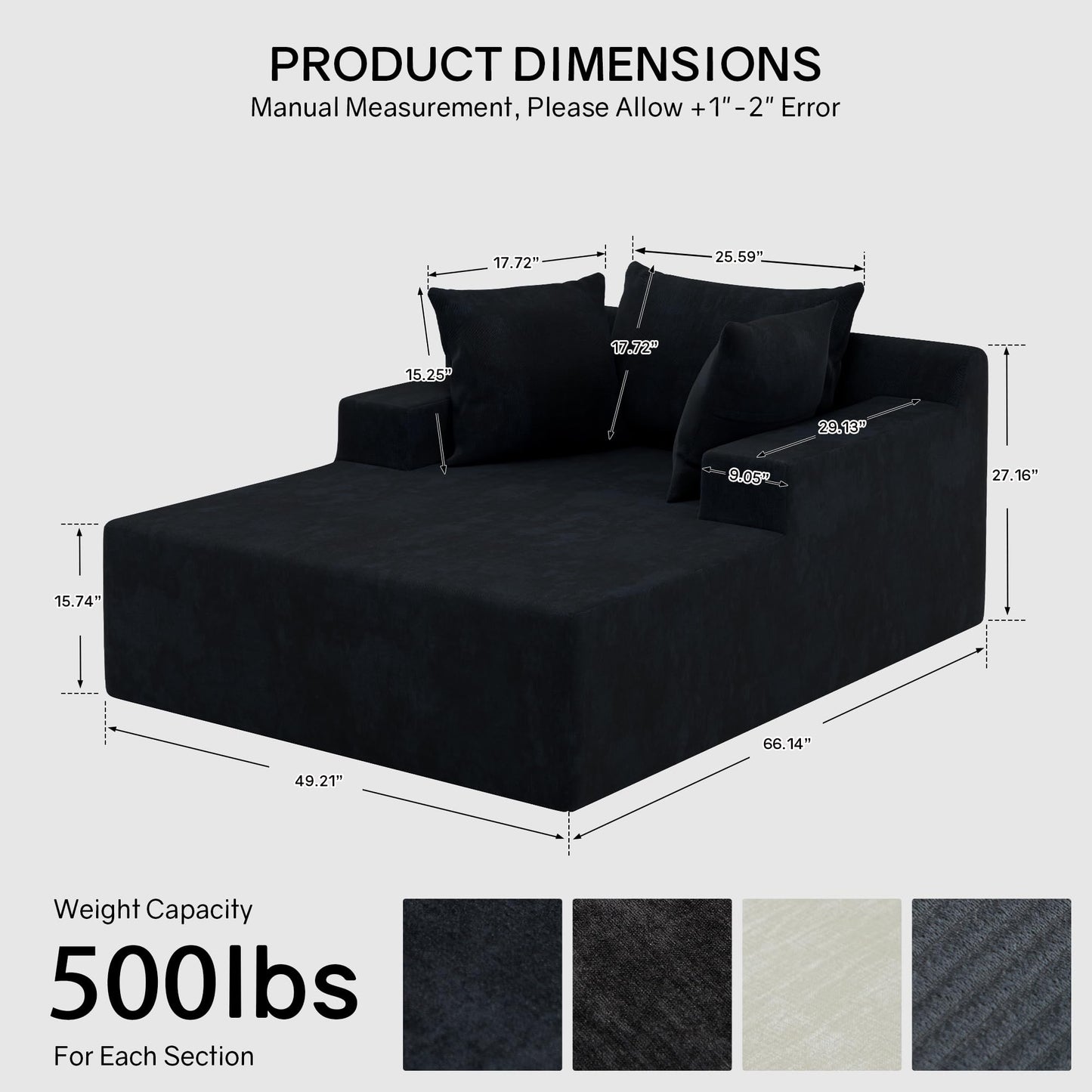 66" Chaise Lounge Chair Indoor, Oversized Boneless Lounge Chair with 3 Pillows, Chenille Cloud Reading Chair for Living Room Bedroom, Deep Seat Sleeper Couch, No Assembly Required