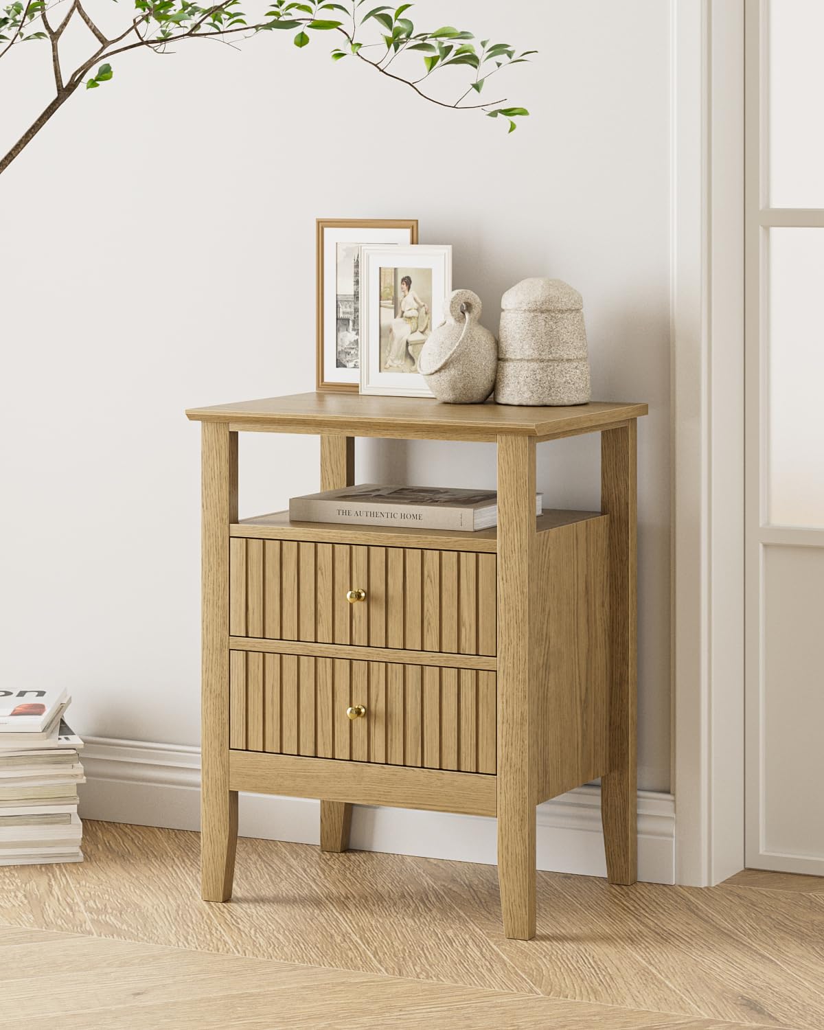 Apetaccat Fluted Nightstand, Farmhouse Night Stand with 2 Drawers, Mid Century Modern Side Accent Table,Bedside End Table for Bedroom, Living Room, Yellow Oak