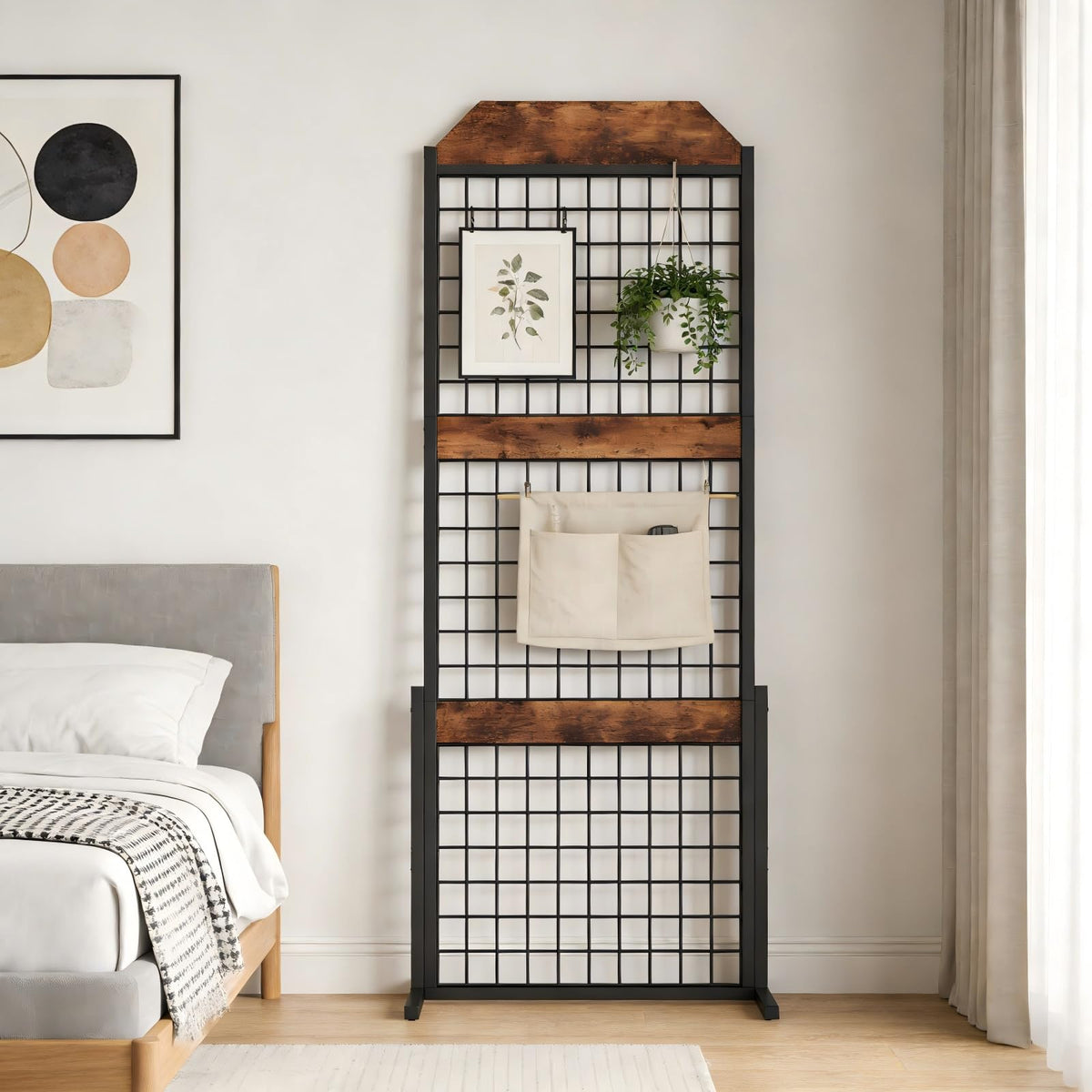 HOOBRO Gridwall Panel units 5.6' x 1.7' Ft Grid Display Rack, Gridwall Panel Display Stands with 5 Garment Hooks & 5 S-Hooks, Wire Grid Display Rack, for Retail Show, Rustic Brown and Black BF45DC01