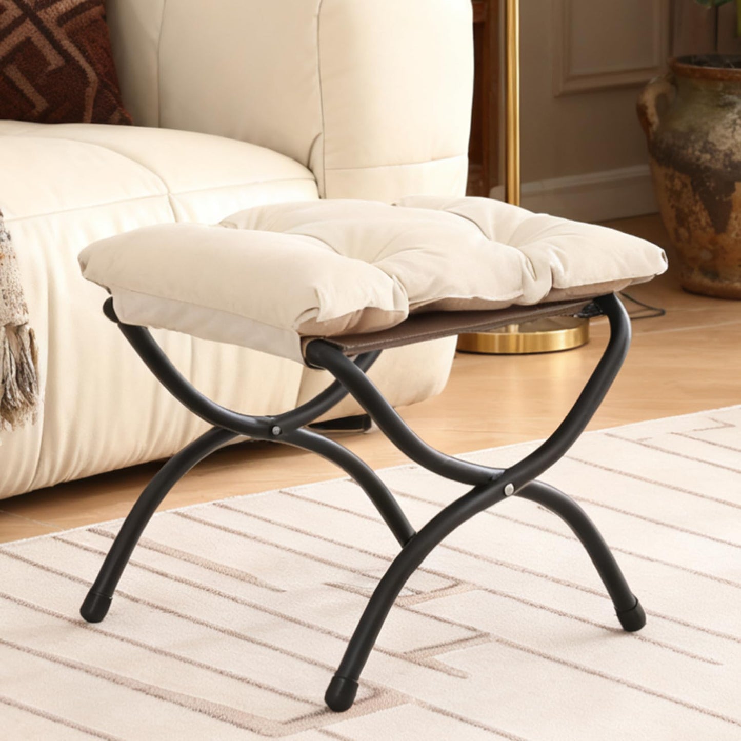 Welnow Folding Foot Stool, Upholstered Small Accent Ottoman with Detachable Thick Cotton Cushion Padded Sofa Stool and Metal Frame for Lazy Chair, Living Room, Bedroom, Beige