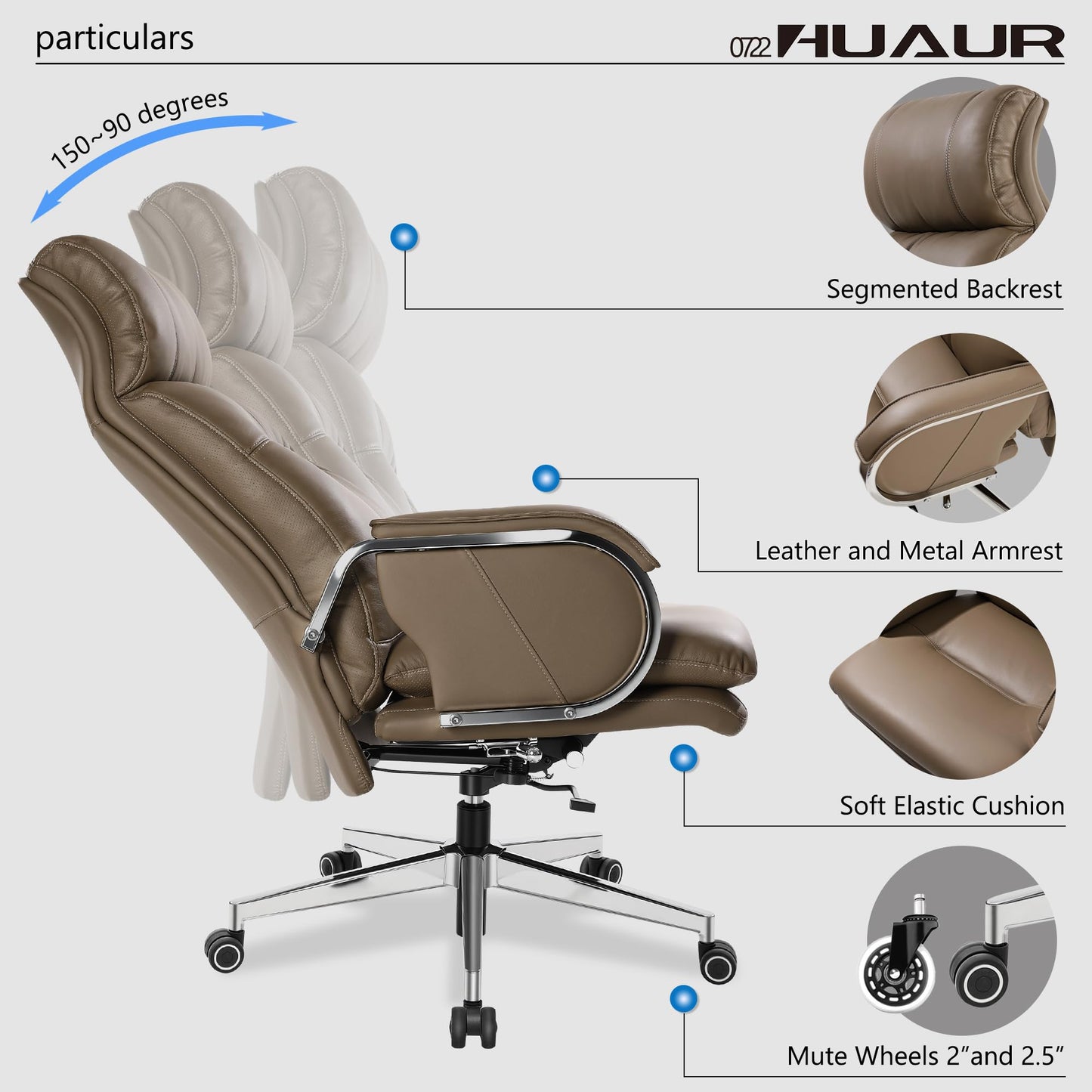 HUAUR Genuine Leather Modern Executive Chair High-Back Support 90 to 150 Degrees Tilt and Upholstered Home Desk Chair with Base 400LB Capacity Swivel Computer Office Chair (Taupe)