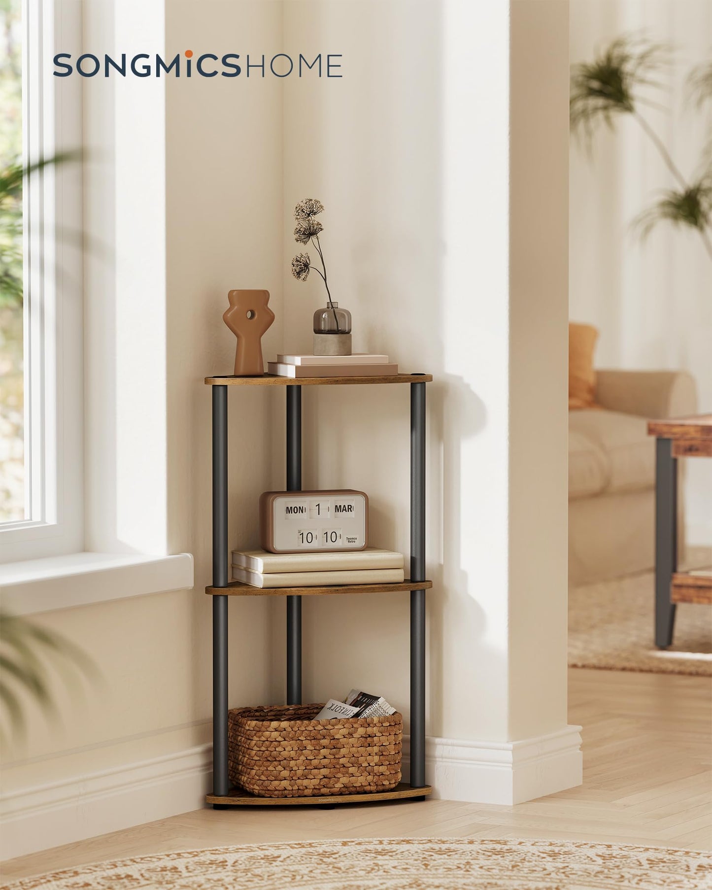 SONGMICS HOME Superfast Toolless Assembly, Corner Shelf Stand, 3-Tier Corner Standing Shelf, Living Room, Bedroom, Kitchen, 15 x 10.6 x 27.8 Inches, Rustic Brown ULBC620K01