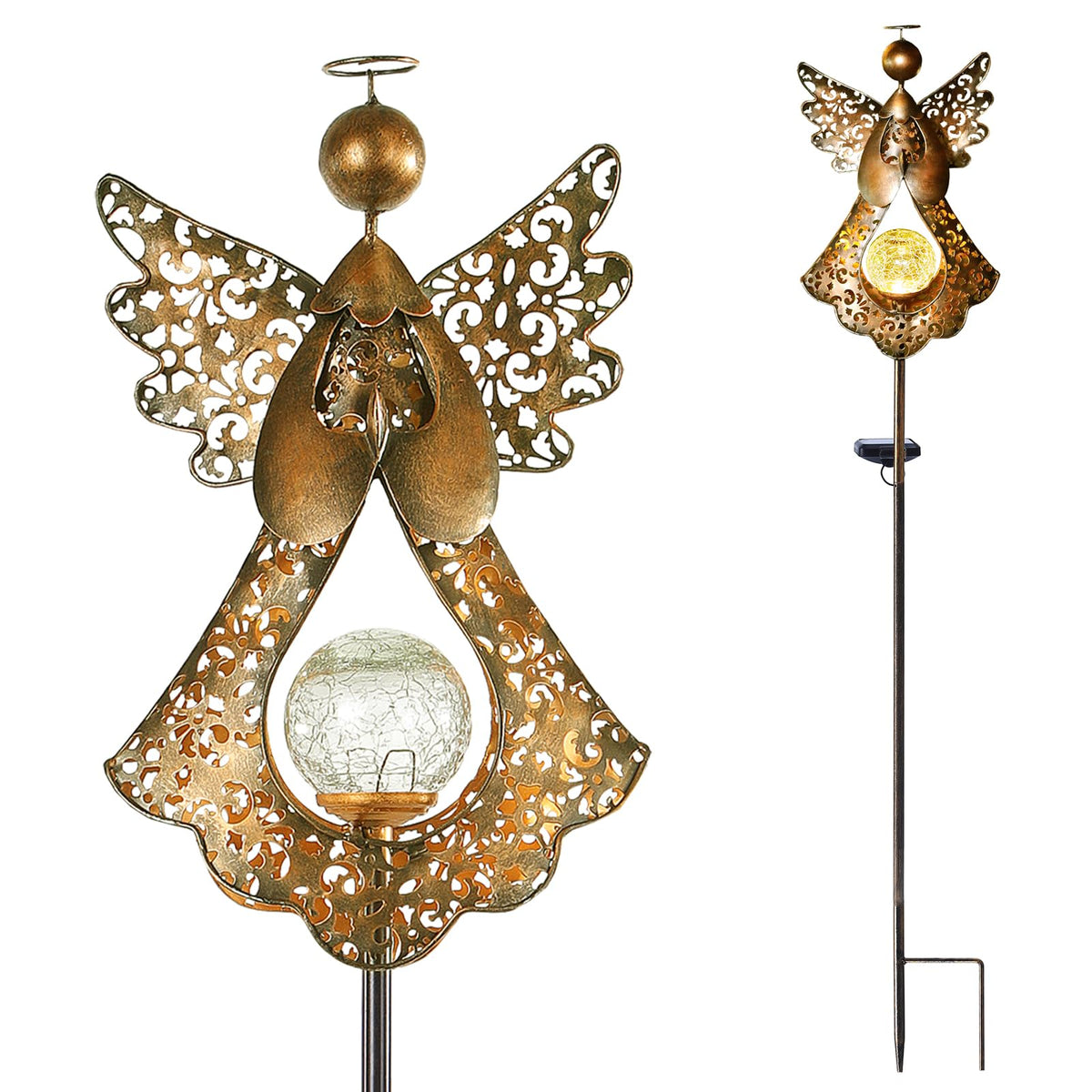 Starryfill Angel Stake Solar Lights with Crackle Glass Globe Waterproof Warm White LED, 40.5 inches Height Metal Bronze Stake Garden Patio Art Decor, Memorial Gift for Mom Women or Friends