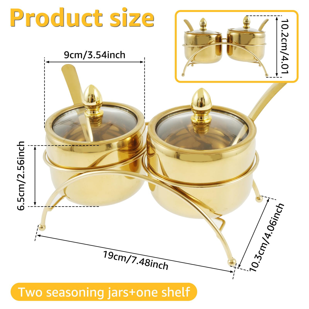Luxury Gold Sugar Bowl Set with Spoons, 3-Piece Retro 304 Stainless Steel Seasoning Box for Coffee Bar Decor, Elegant Condiment Pots with Clear Glass Lid & Serving Tray for Salt, Candy, Cube Sugar