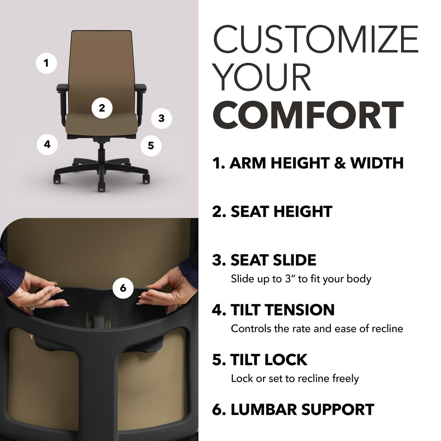HON Ignition 2.0 Mid‑Back Ergonomic Office Chair, Mesh Task Seating with Lumbar Support, Advanced Synchro‑Tilt, Height and Width Adjustable Arms, Black Frame, Quicksand