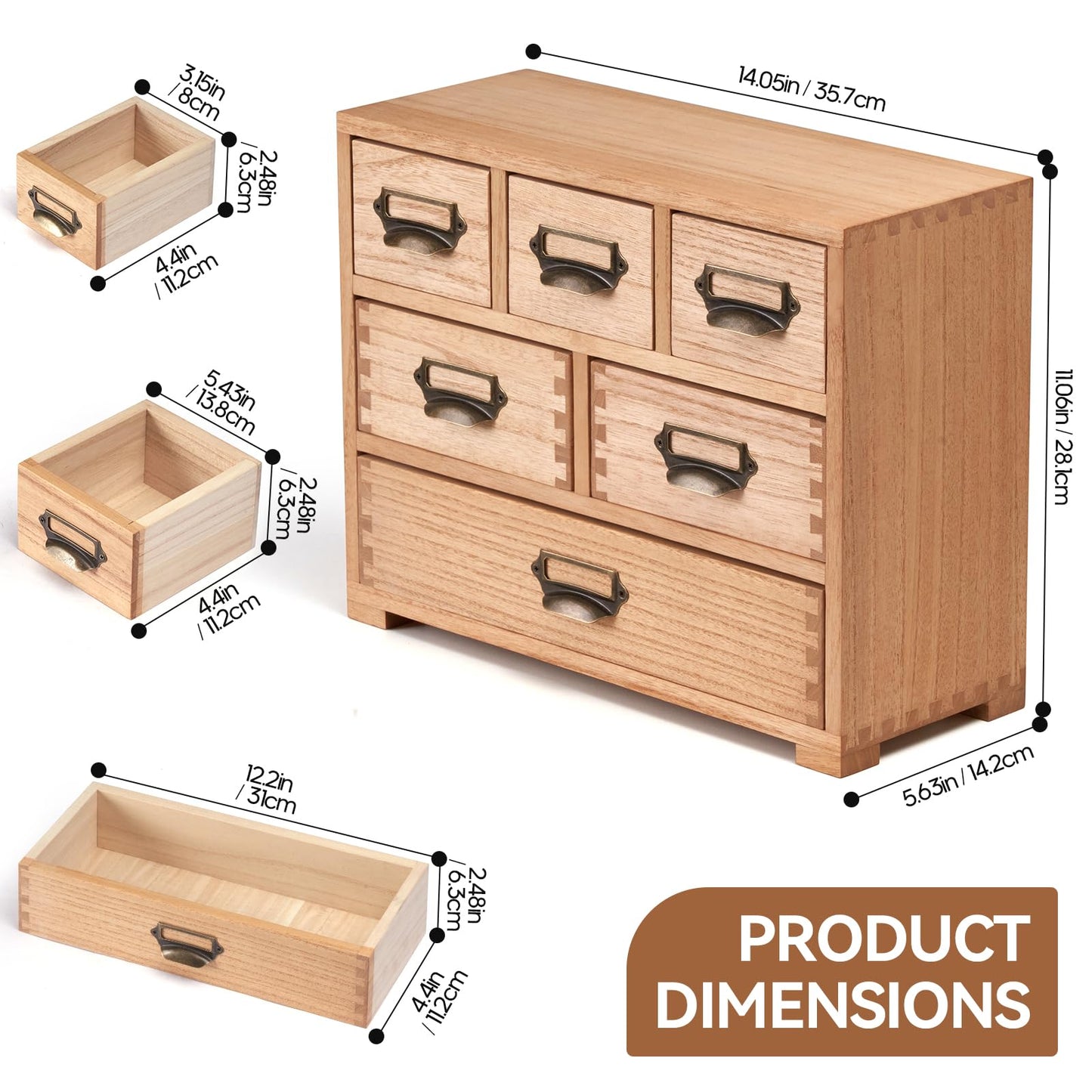 KIRIGEN Wood Desk Drawer Cabinet Organizer, 6-Drawer Mini Storage Chest with Metal Label Holder Handles, Fully Assembled Desktop Organizer for Office Supplies, Crafts, Makeup, Natural 3D6CG-NA