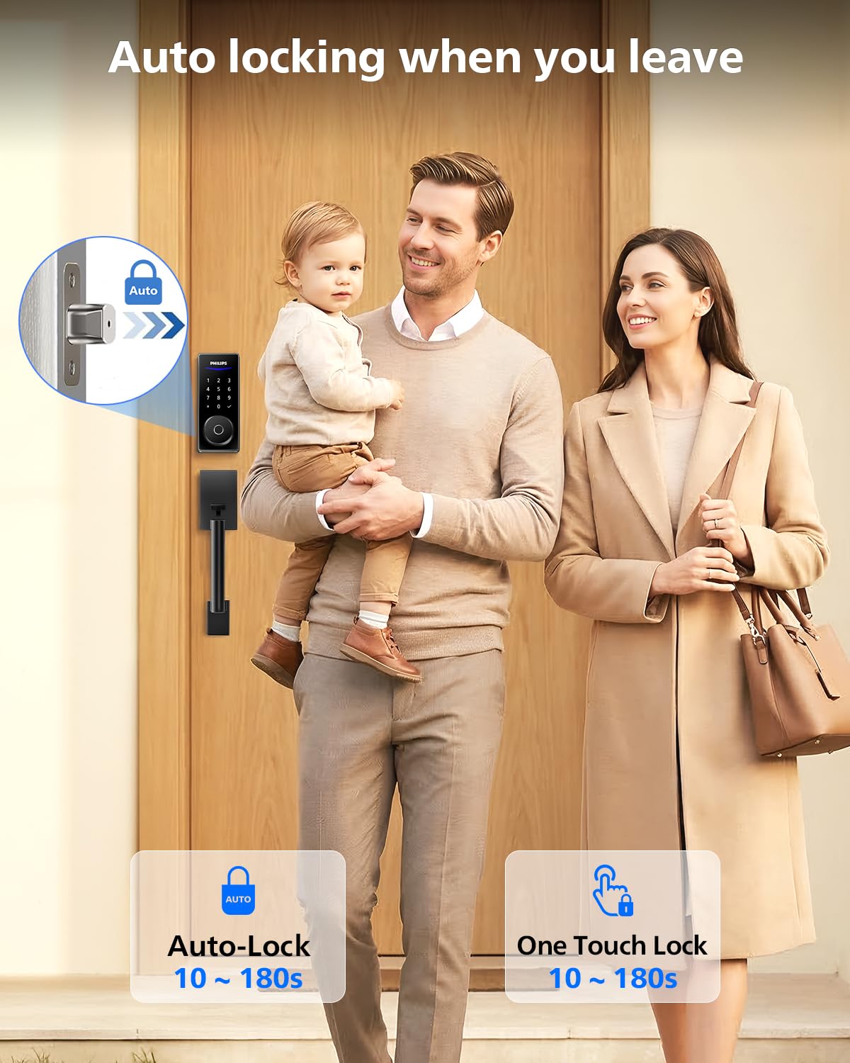 Philips Wi-Fi Smart Lock with Handle, WiFi Keyless Entry Keypad Door Lock with Handle, Front Door Deadbolt Set, Fingerprint Unlock, PIN Code Unlock, Auto Locking, App Remote Control, Bulit in WiFi