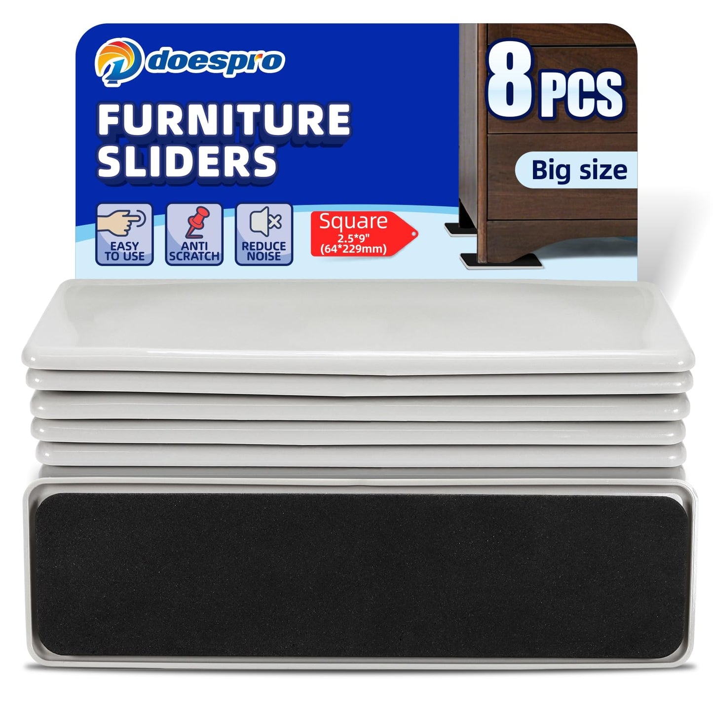 8 Pcs Rectangle Large Furniture Sliders for Hardwood Floors & Carpet-Reusable Heavy Duty Furniture Movers Sliders,Chair Glides for Wood Floors Tile Protector to Move Furniture Easily(2.5"*9" Gray)