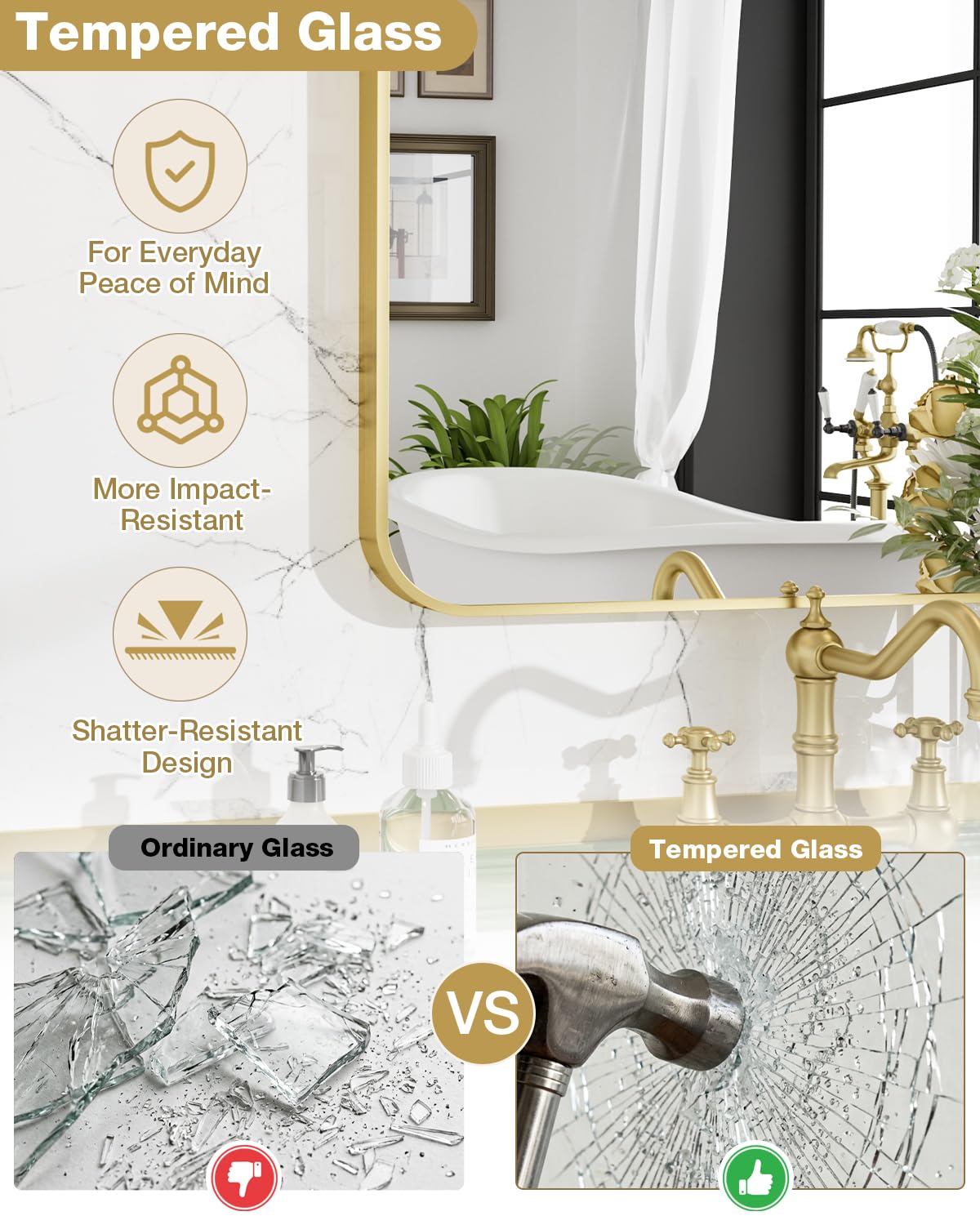 Umzodo 16x24 Inch Brushed Gold Rounded Rectangle Vanity Mirror with HD Reflection, Shatter-Resistant Tempered Glass Bathroom Mirror for Over Sink, Aluminum Frame, Horizontal or Vertical