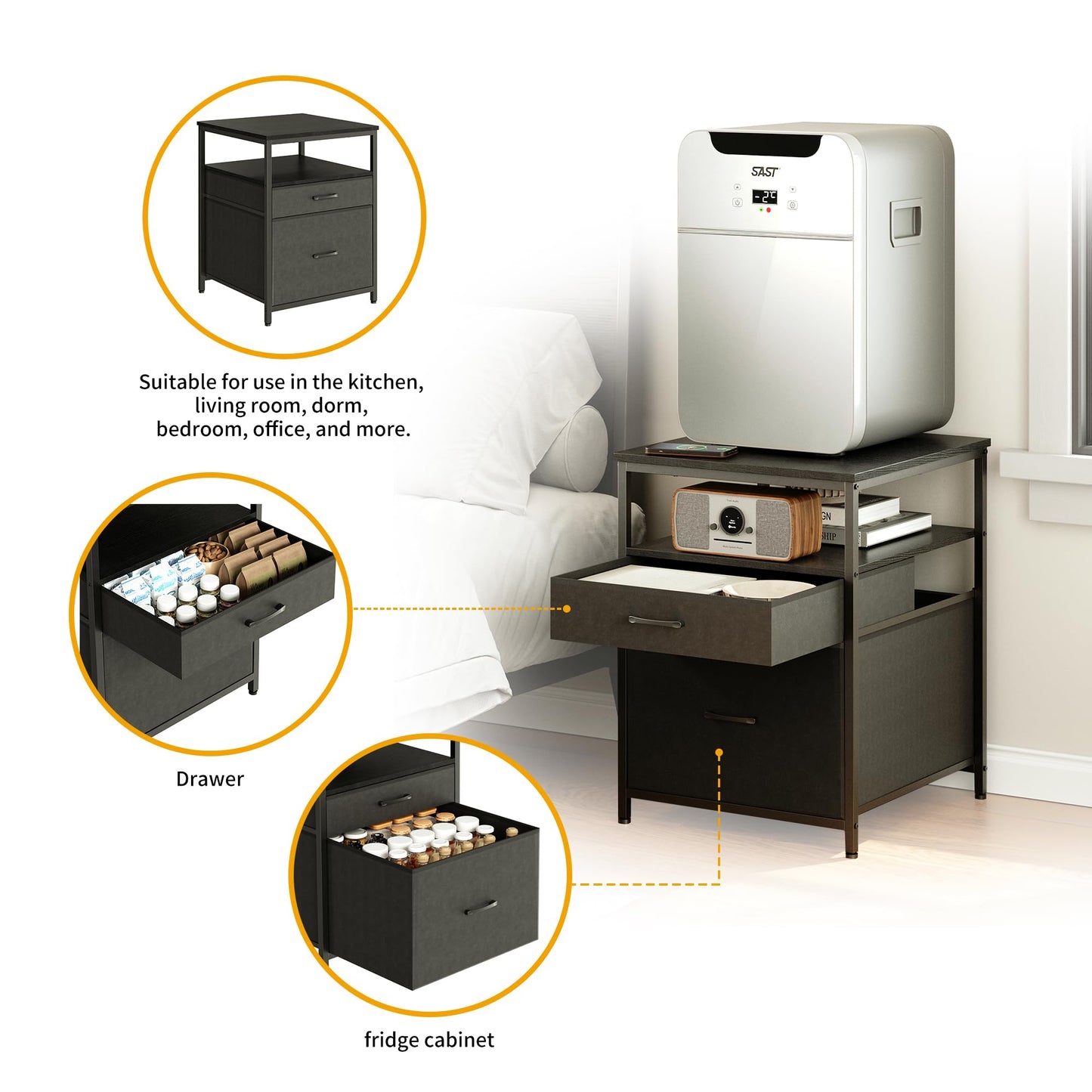 Herture Mini Fridge Stand with 3 Storage, Mini Fridge Cabinet, Beverage Fridge Table, Heavy Duty 21.3" L* 22.7" W Tabletop, for Dorm, Apartment,Office, Bedroom Black HB01BXB