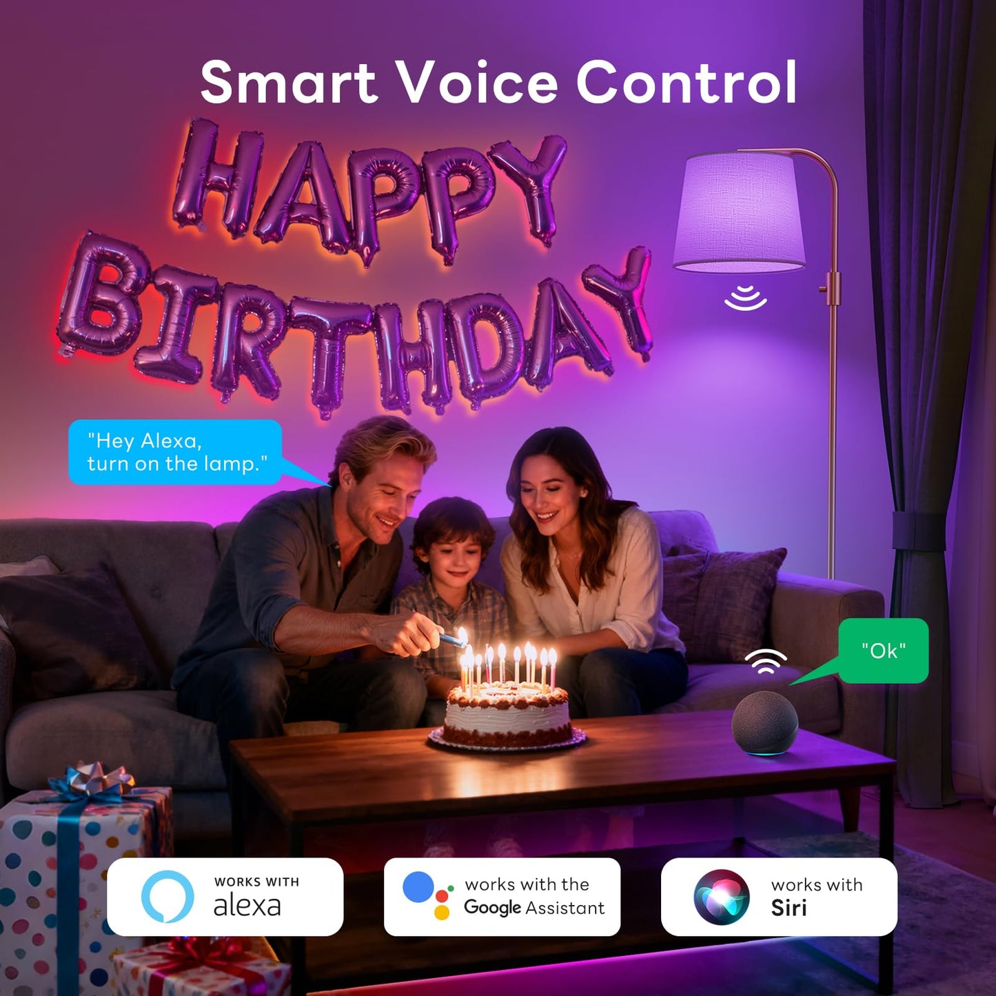 VARICART Smart Arc Floor Lamp, 65" Compatible with Alexa & App Control, RGB Color-Changing & 2700K-6000K, 1%-100% Dimmable, Music Sync, 1200lm, 350° Swivel Woven Linen Shade, No Registration Required
