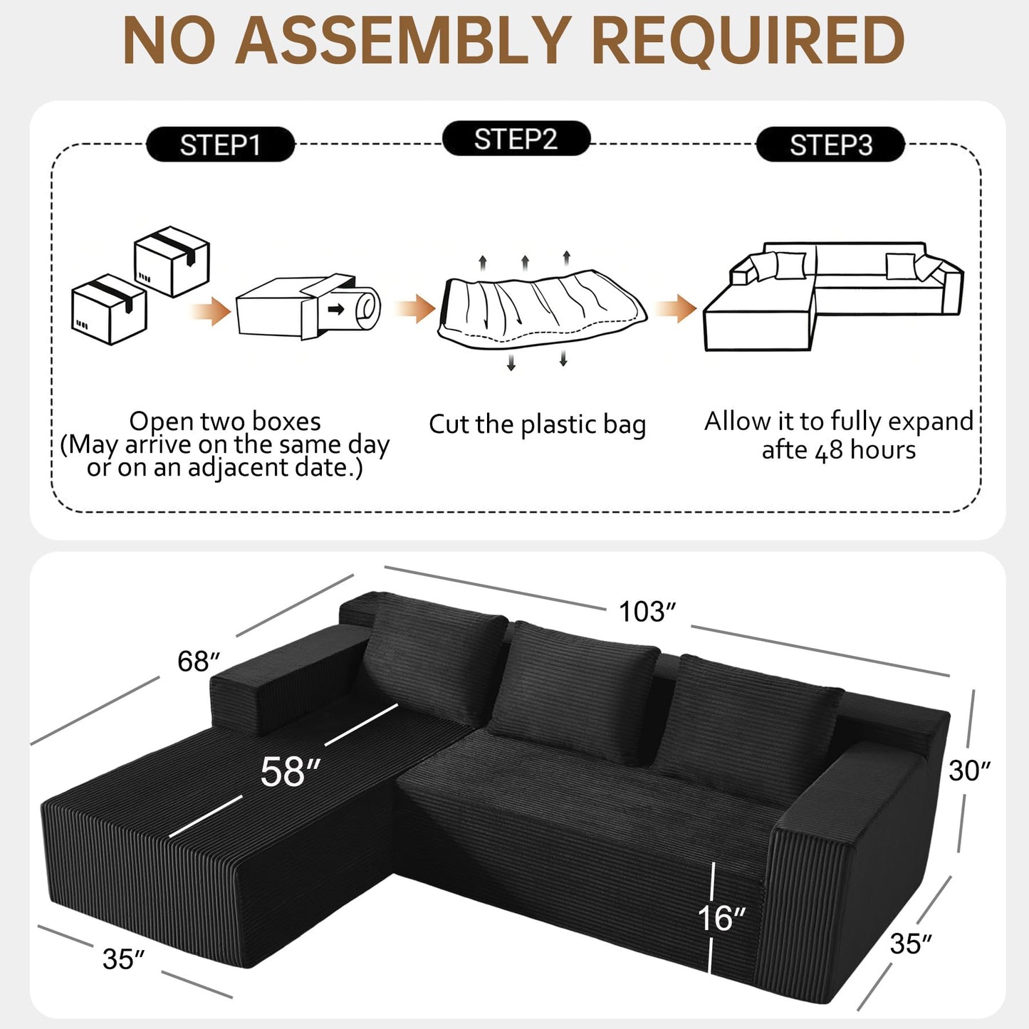 Nigoone 103" Sectional Couch for Living Room, Modular L Shaped Black Couches with Chaise, Large Minimalist Modern Deep Seats Boneless Sofa, Corduroy, No Assembly