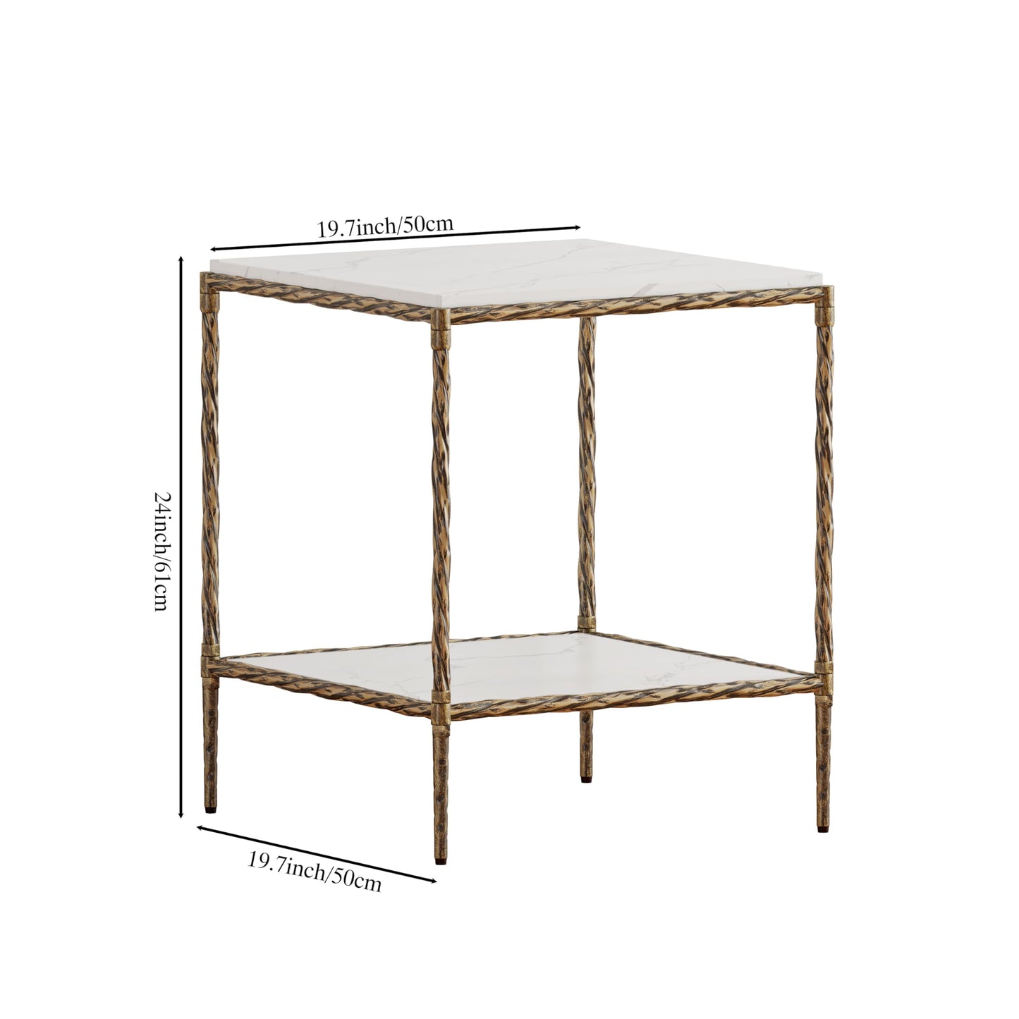 FormaCraft Antique Square End Table with a Marble-Effect Wooden Top, 20" Gold Side Table with 2-Tier Open Storage Shelves, Modern Square Accent Table with Antique Brass Finish for Living Room, Bedroom