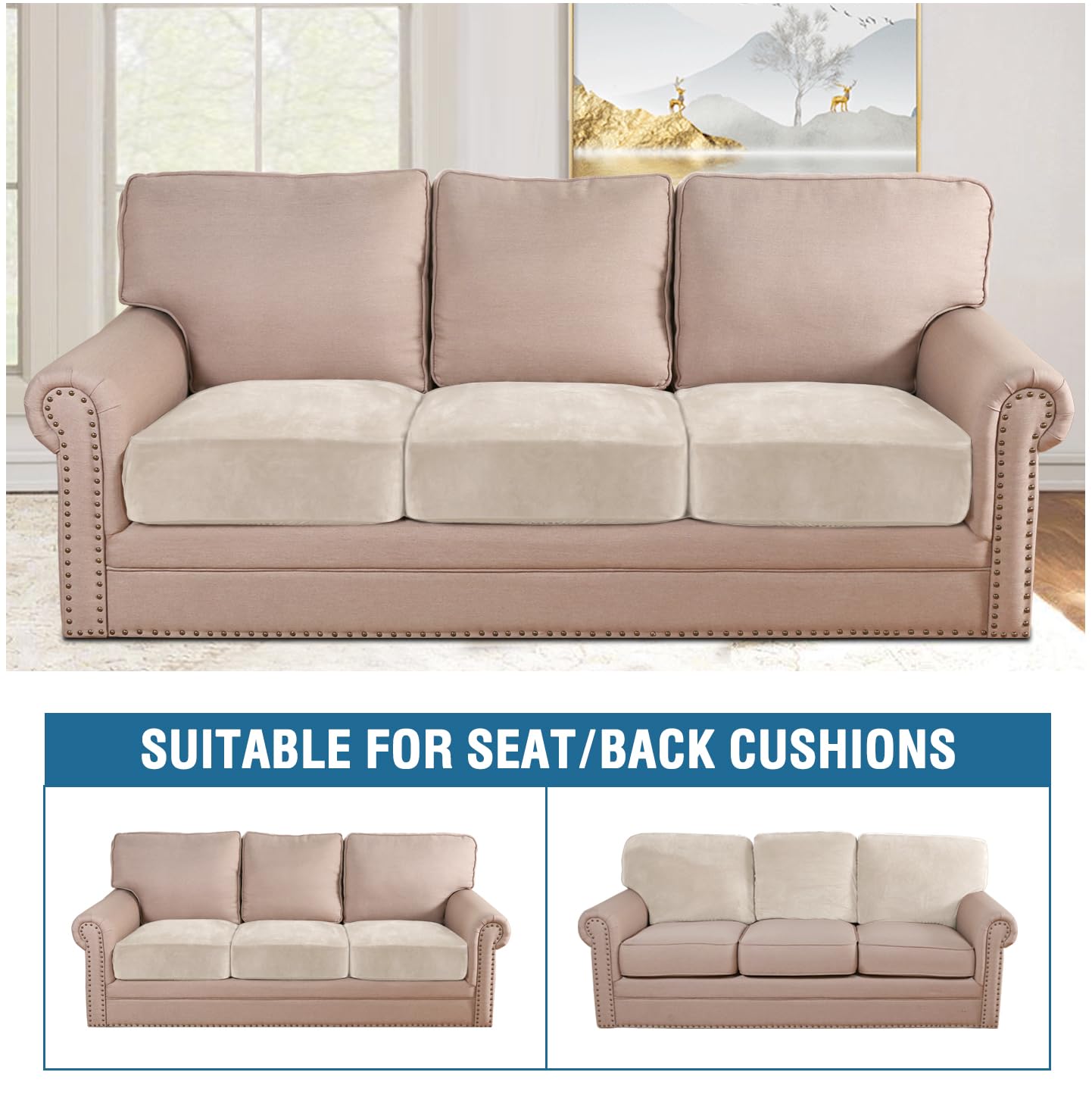 H.VERSAILTEX Velvet Stretch Couch Cushion Cover Plush Cushion Slipcover for Chair Loveseat Sofa Cushion Furniture Protector Seat Cushion Sofa Cover (3 Piece XL Sofa Cushion Covers, Ivory)