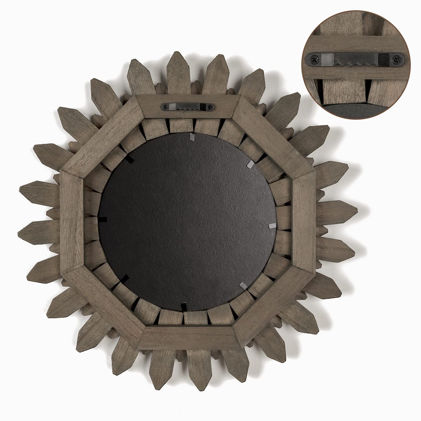 Honiway Farmhouse Wall Decor Mirror 12 inch Sunburst Boho Wood Mirror Rustic Home Decor Room Decoration for Bedroom Living Room Weathered Grey