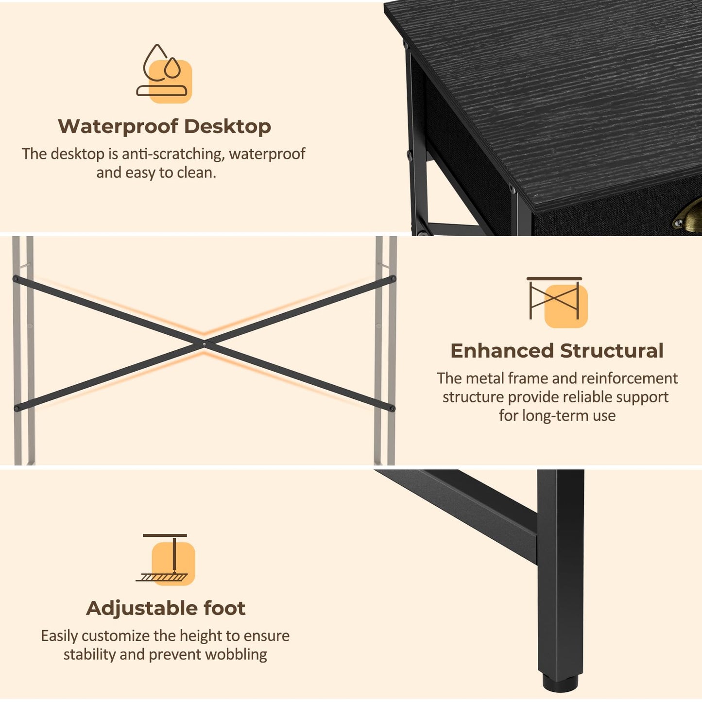 DAOUTIME Black Writing Desk for Kids Bedroom, 31.5 Inch Small Computer Desk for Small Spaces, Simple Desk with 2 Fabric Drawers for Home Office, Dorm, Living Room, Home Study Table, Black