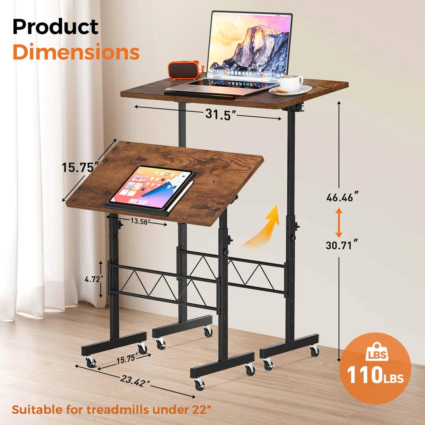 COMHOMA Standing Desk Adjustable Height & Tiltable Tabletop, Portable Stand Up Desk for Laptop, Mobile Folding Desk for Home Office Work and Walking Pad Treadmill, Height 30.7"-46.4", Brown