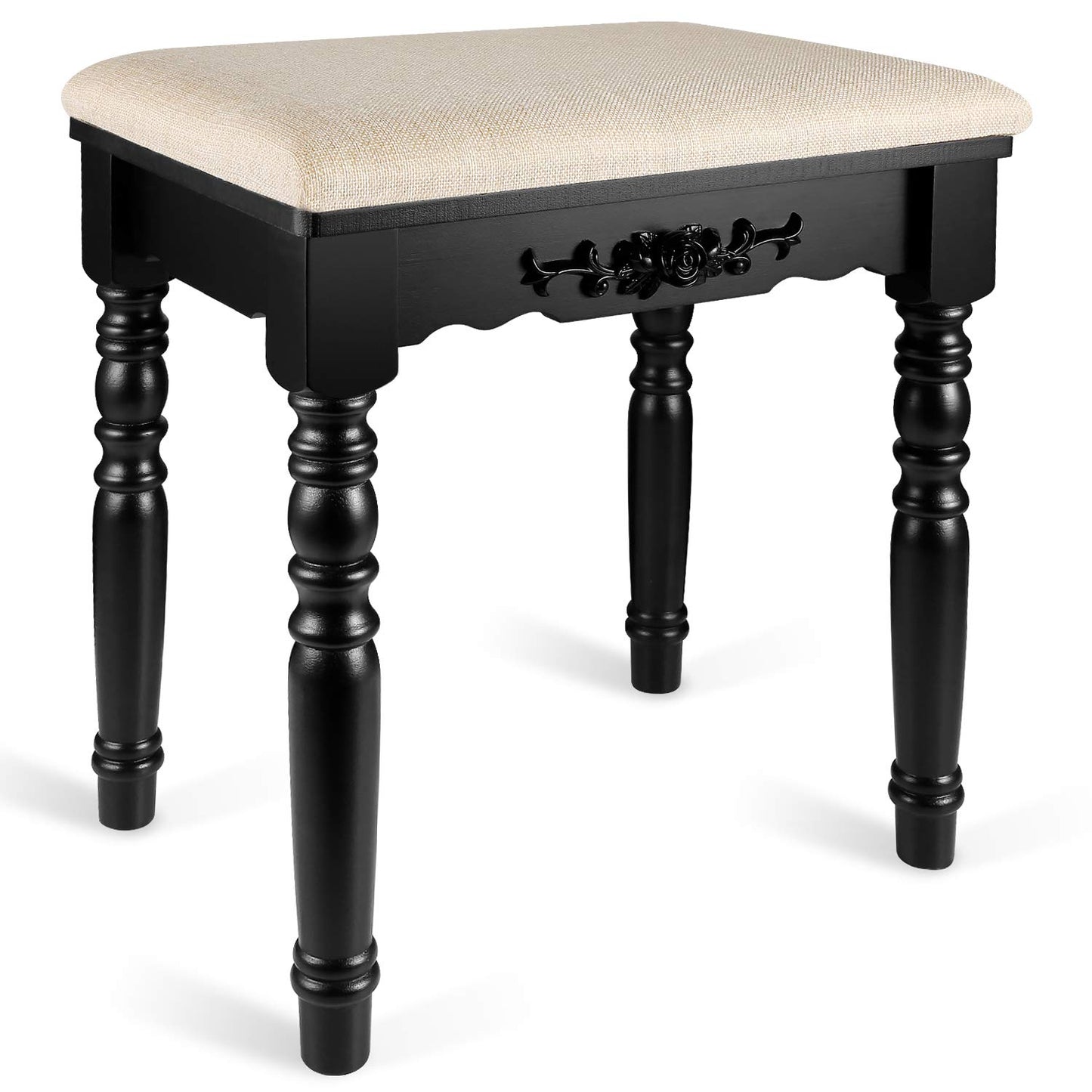 URFORESTIC Oak Wood Vanity Stool, Modern Makeup Dressing Stool with Concave Seat Surface,Capacity 300lb, Easy Assembly (Black)