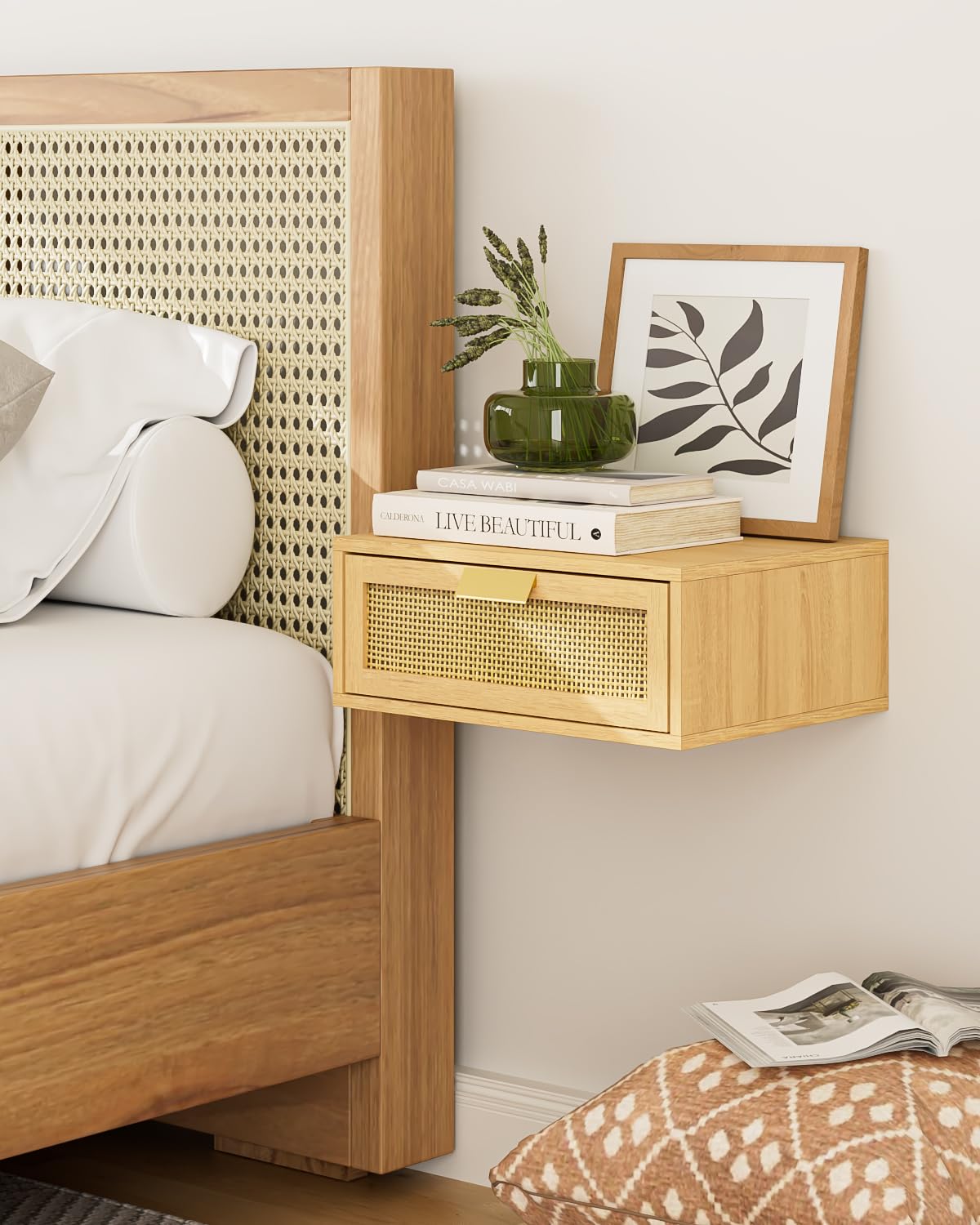 Aienvey Floating Nightstand, Floating Shelf with Drawer, Wall Mounted Nightstand, Floating Bedside Table (Oak Rattan)