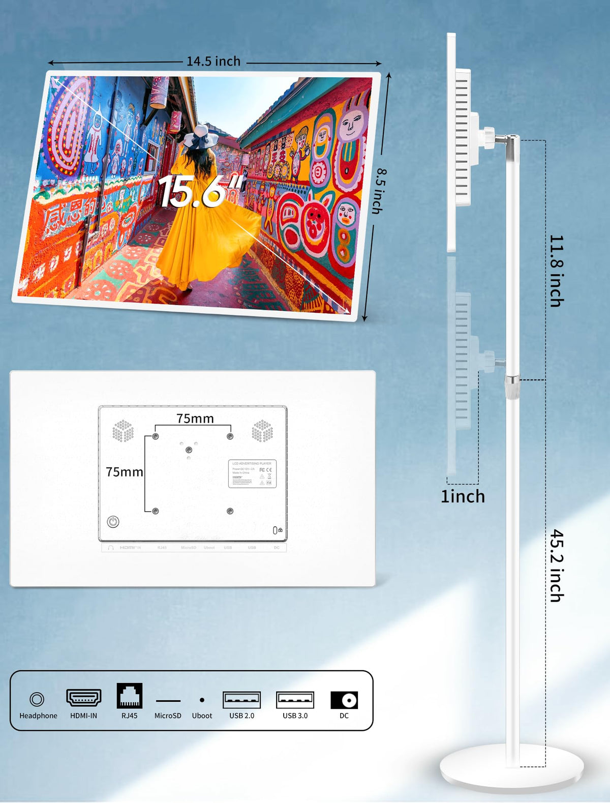 15.6" Digital Signage with 10000mAh Battery, Capacitive Touchscreen Advertising Display, Adjustable Stand, Android 13 Commercial LCD Monitor with Auto Play, Wireless Screen Mirroring, 4+64GB, White