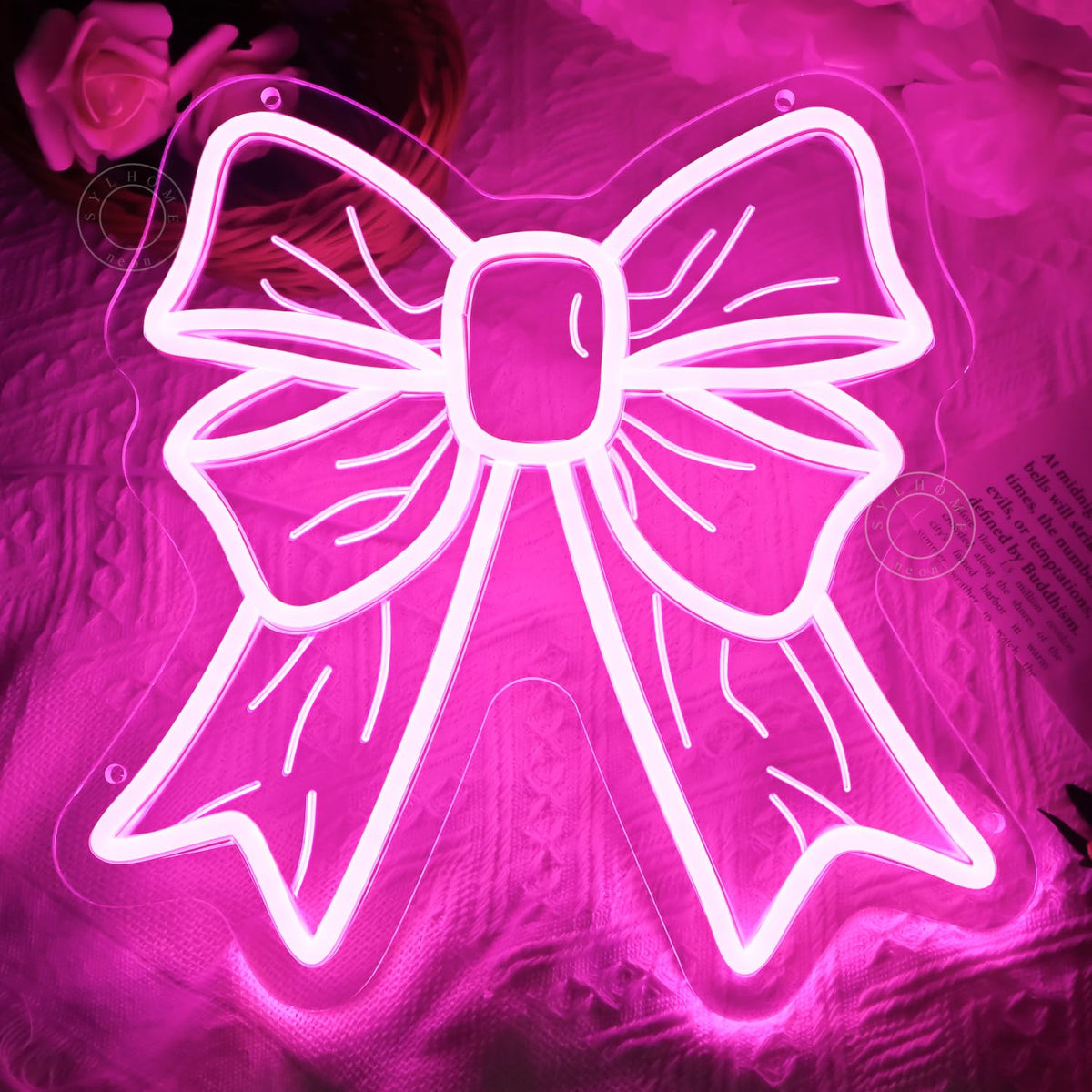 SYLHOME Pink Bow Led Neon Light Sign Cute Girls Kids Bedroom Nursery Game Room Wall Sign Decor Beauty Salon Wedding Birthday Party Backdrop 11.8" X 11.8" USB