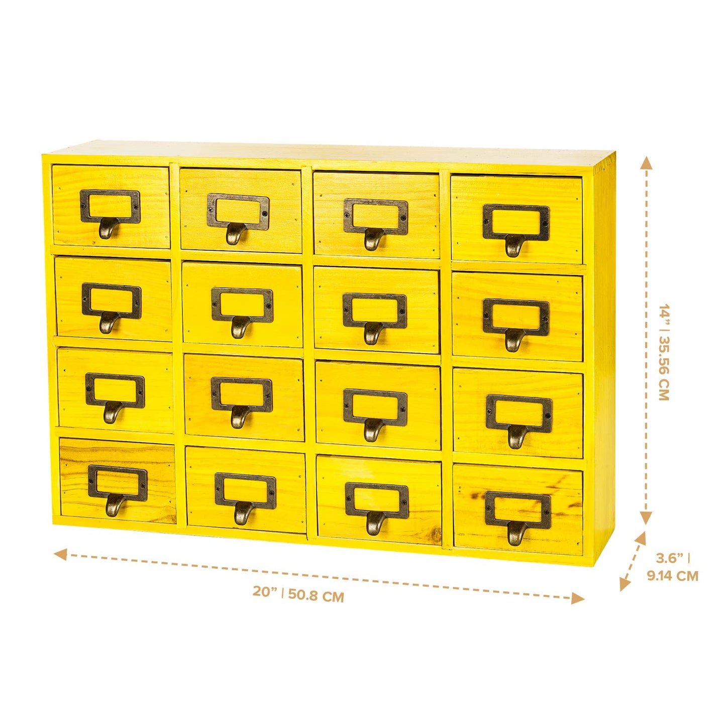 Yellow 16-Slot Wooden Drawer Unit - Country Style Desk Organizer - 20"x3.6”x14” Wooden Storage Box w/ 16 Drawers - Countertop Drawers w/Label Holder & Handle - Slim 4-Level Desk Organizer