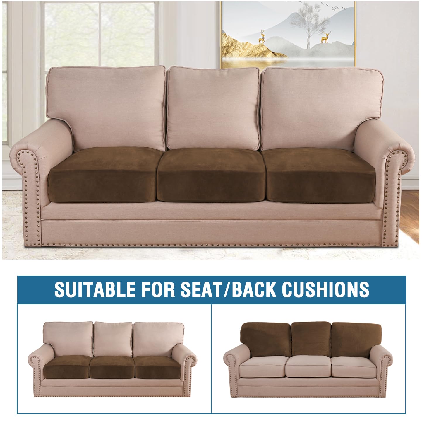 H.VERSAILTEX Velvet Stretch Couch Cushion Cover Plush Cushion Slipcover for Chair Loveseat Sofa Cushion Furniture Protector Seat Cushion Sofa Cover (3 Piece XL Sofa Cushion Covers, Bronze Brown)