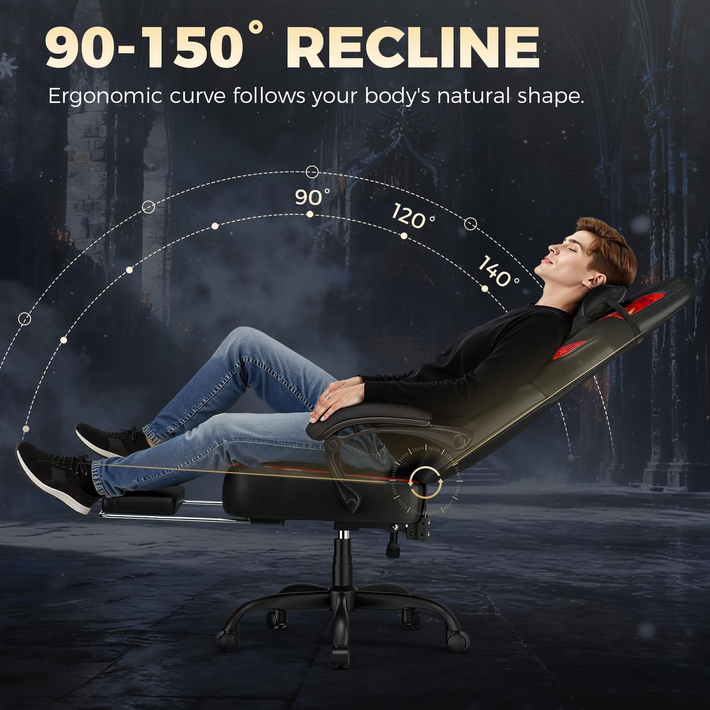 GTPLAYER Big and Tall Gaming Chair for Adults, Ergonomic Office Chair with Footrest, Heavy Duty 350 lbs Capacity, High Back, Premium Leather & Iridescent Trim, ACE-Armor, Black & Red