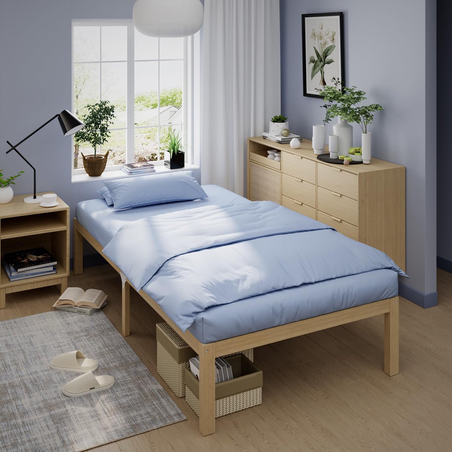 Bamboo Bed Frame Twin Size Wood Platform Bedframe Solid Stable with Non-Slip Slats Support Tall Bed No Box Spring Needed Heavy Duty Easy Assembly Noise Free Nature