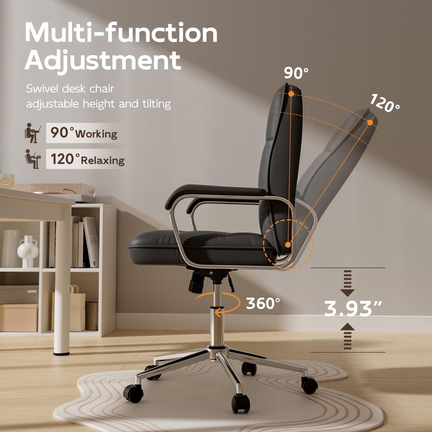 HomeZeer Black Office Chair, Mid Back Leather Desk Chair with Wheels and Padded Arms, Swivel Vanity Chair for Bedroom, Computer Chair for Study and Work
