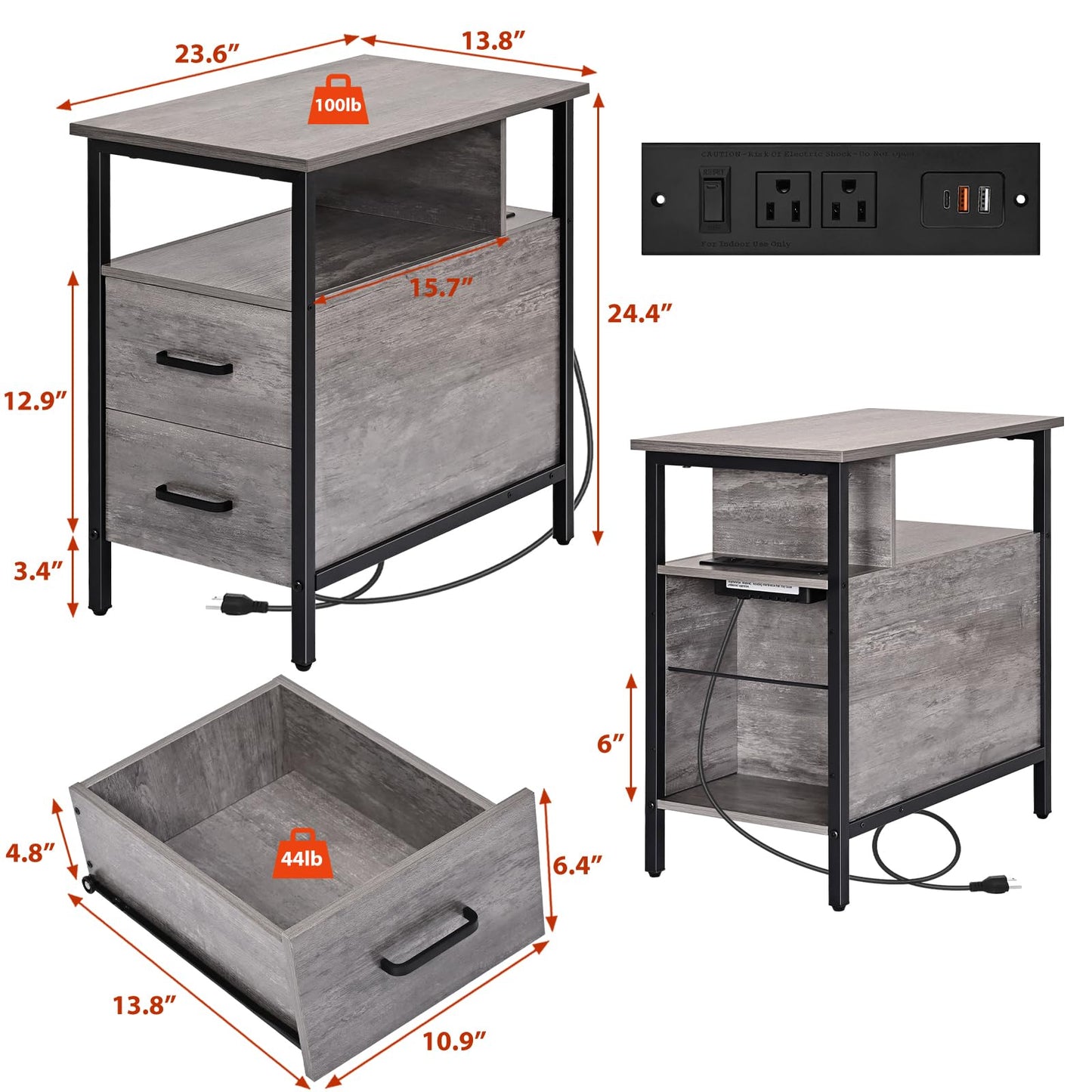 Livofloral Side Table, Gray End Tables with Charging Station, Narrow End Table with Wooden Drawers, USB Ports and Power Outlets, Nightstand and Bedside Table, Side Table Living Room, Bedroom