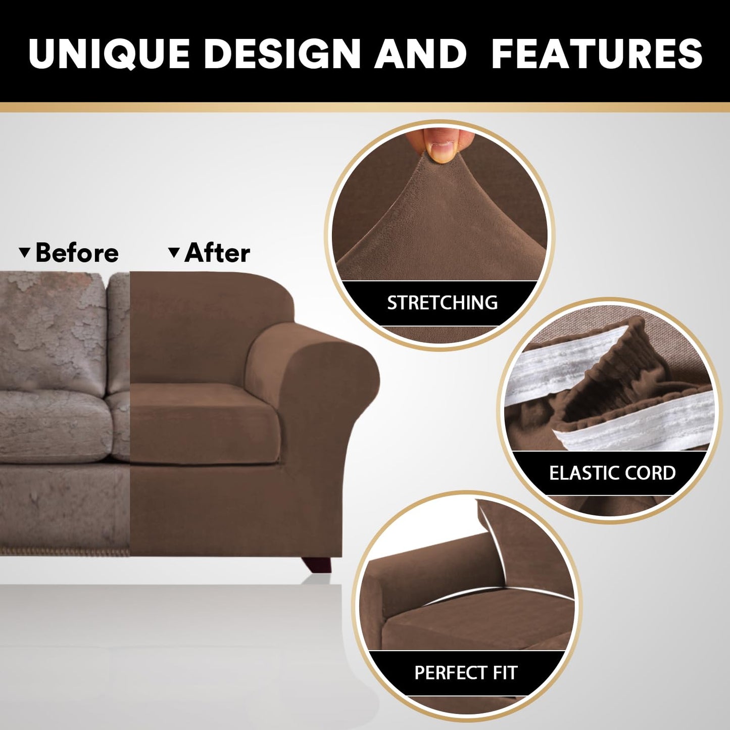 PrinceDeco Velvet Couch Cover Loveseat Covers for 2 Cushion Couch 3 Piece Sofa Covers for Dogs Washable Loveseat Covers Width Up to 72 Inch No Slip Stretch Sofa Slipcover(Medium, Caramel)