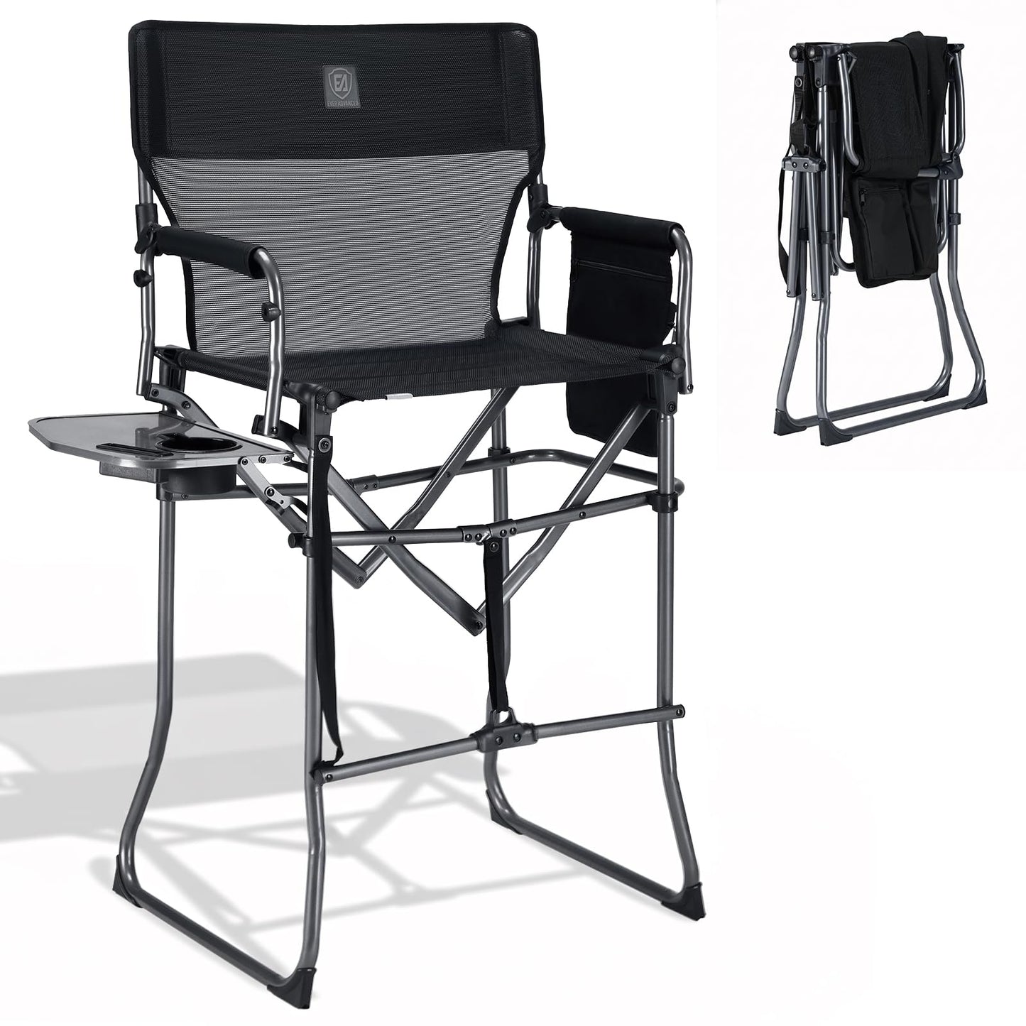 EVER ADVANCED Portable 30.7" Seat Height Tall Folding Camping Chair Directors Chair High Foldable Bar Stool with Side Table for Makeup Artist, Sports Event, Craft Show, Textilene Mesh, Supports 350LBS