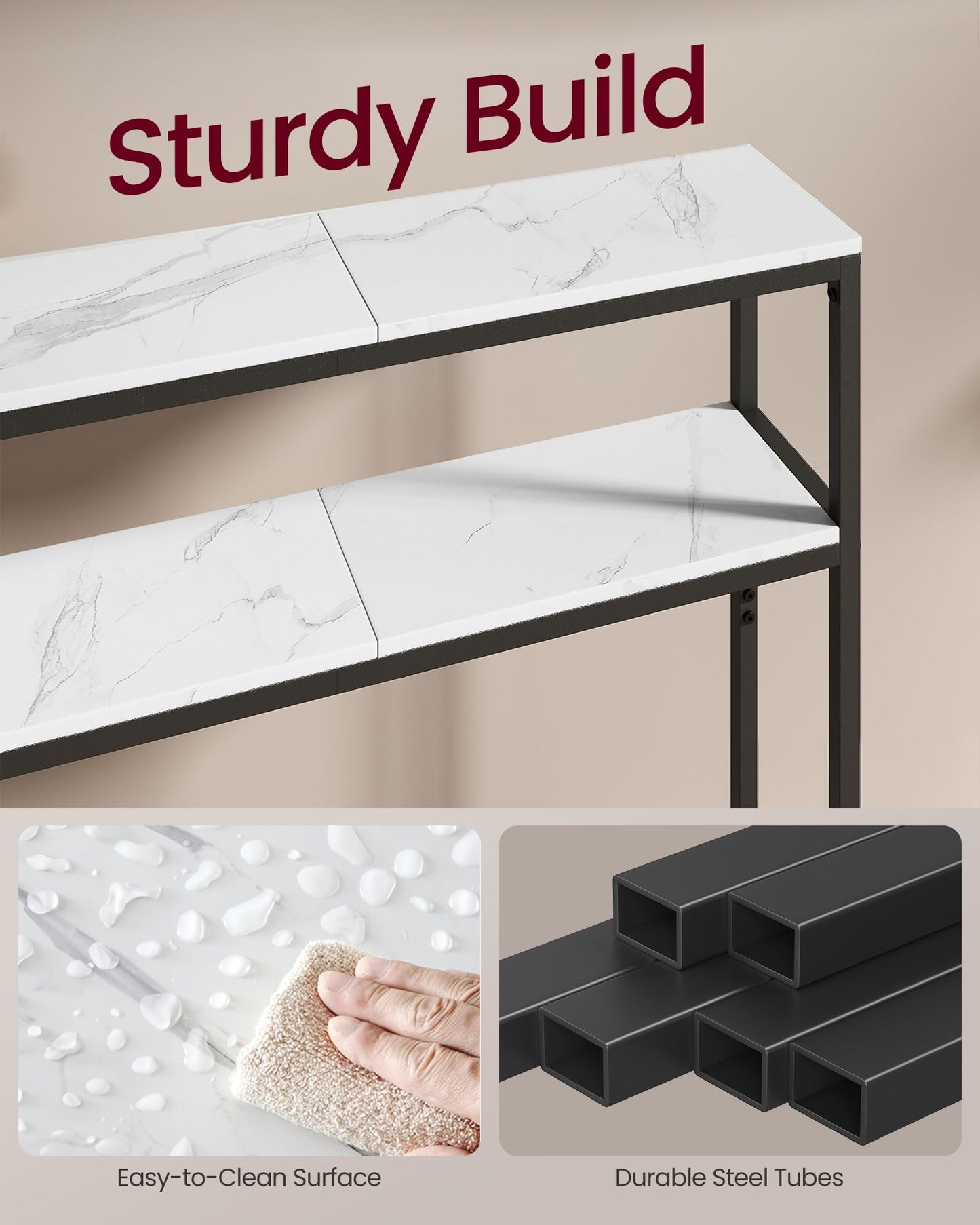 VASAGLE Console Table, 2-Tier Narrow Sofa Table with 2 Shelves, 7.9 x 31.5 x 31.5 Inches, for Living Room, Hallway, Entryway, Marble White and Ink Black ULNT130W59V1